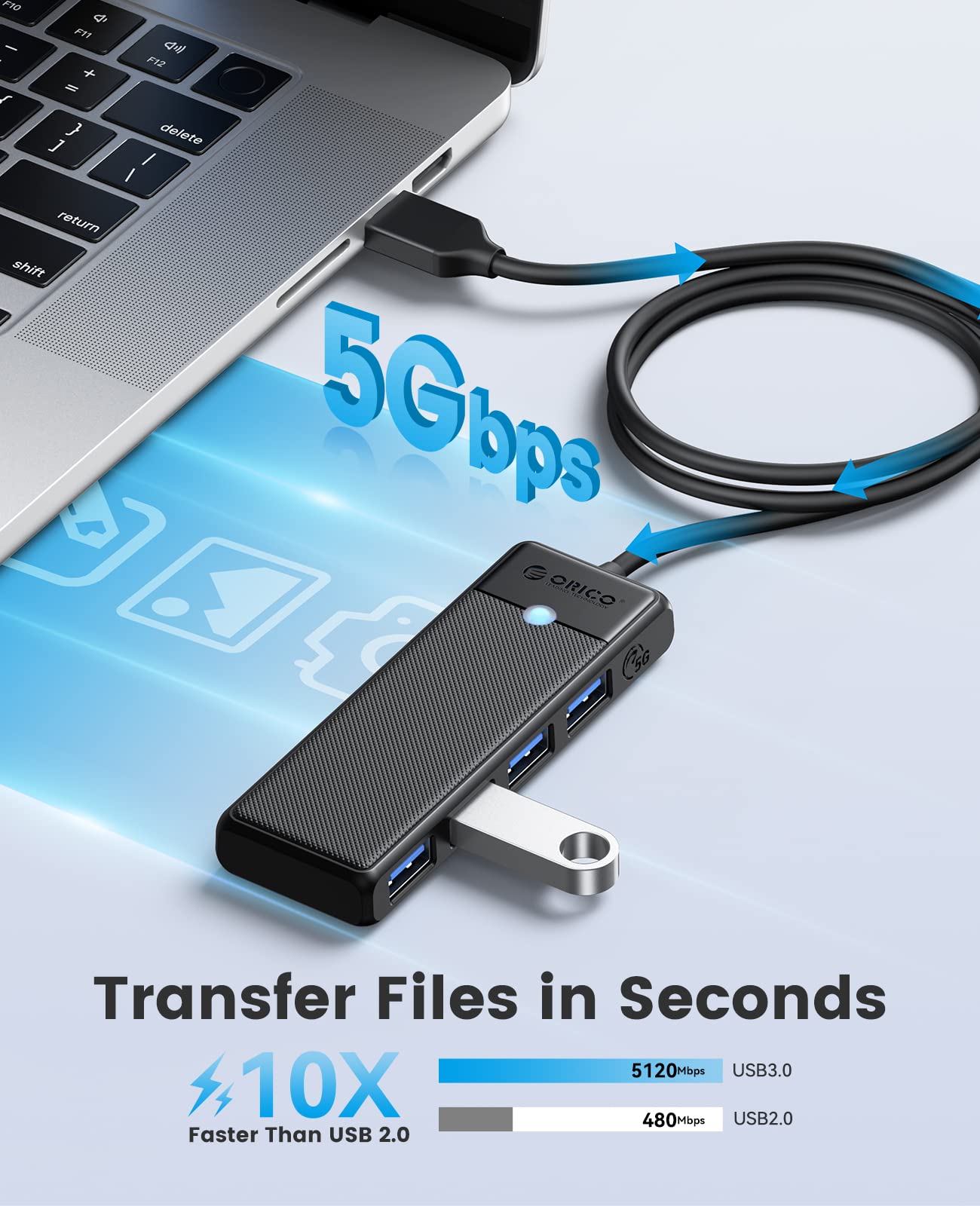 USB 3.0 Hub, ORICO 4 Port USB Hub with 3.3FT Long Cable, Ultra Slim USB Splitter for Laptop for MacBook, Mac Pro, iMac, Surface Pro, XPS, PS5,PC, Flash Drive, Mobile HDD(Black/3.3ft)