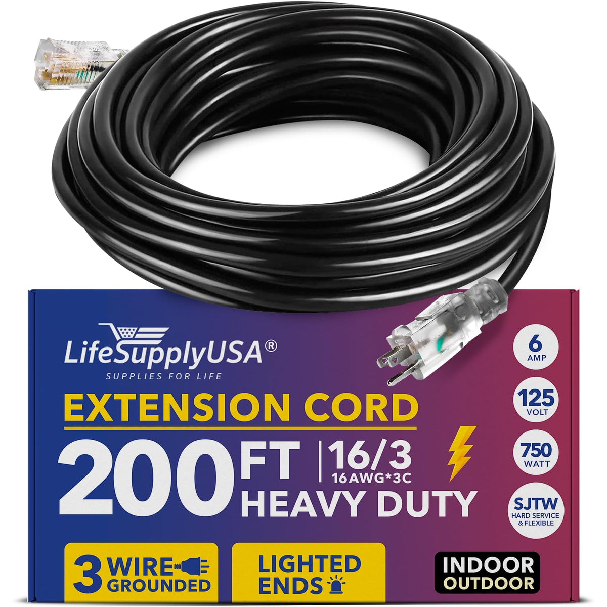 Lifesupplyusa Outdoor & Indoor Power Extension Cord   200 Ft Heavy Duty 16 Gauge/3 Prong Sjtw (Black) Lighted End Extra Durabili