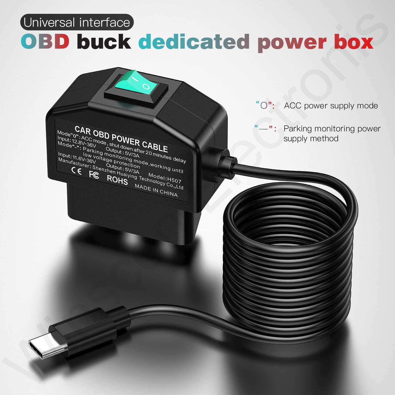 Redsia Dash Cam Hardwire Kit Type C OBD Power Cable Low Voltage Protection 24h Parking Surveillance ACC Mode Black 3.5m