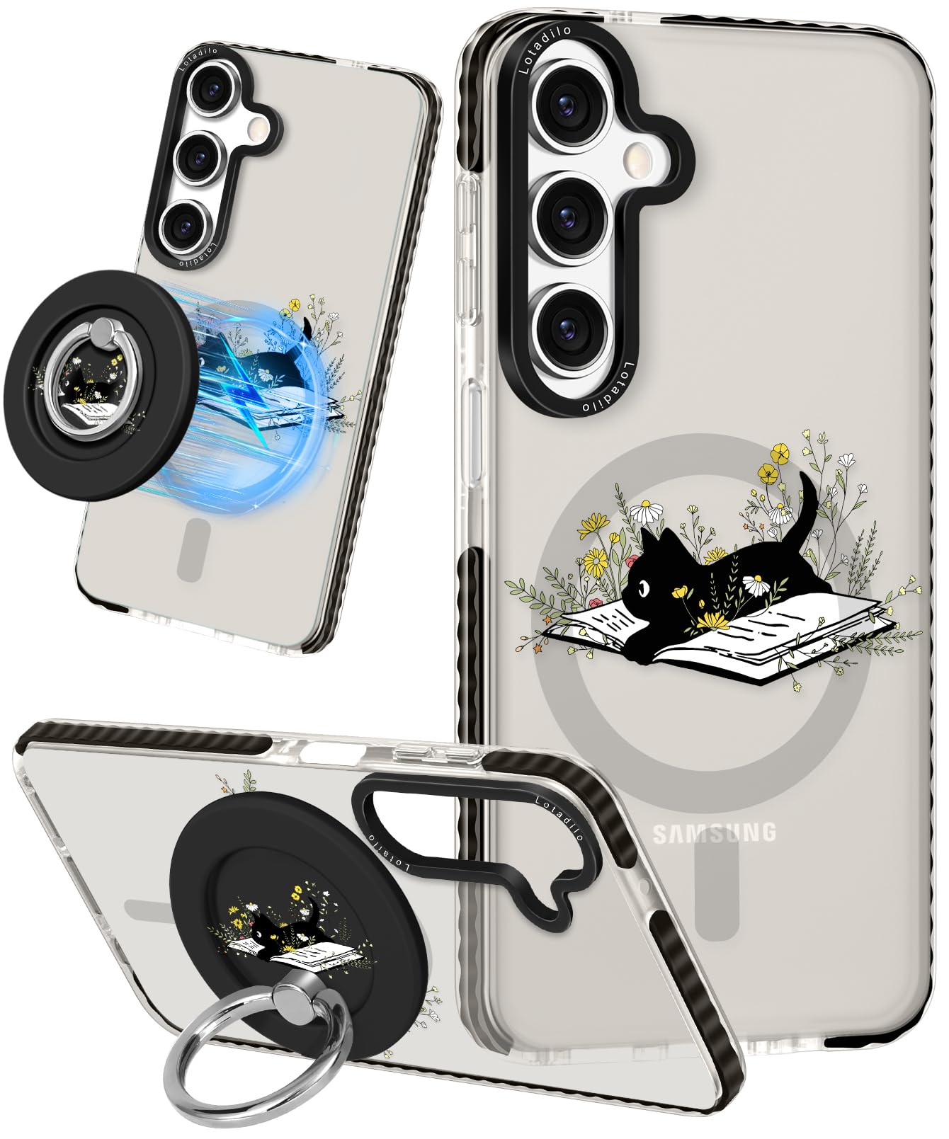 Lotadilo for Samsung Galaxy A15 5G Case for Women - Girls Cute Design Compatible with Magsafe Magnetic Ring Holder Stand Cat Flo