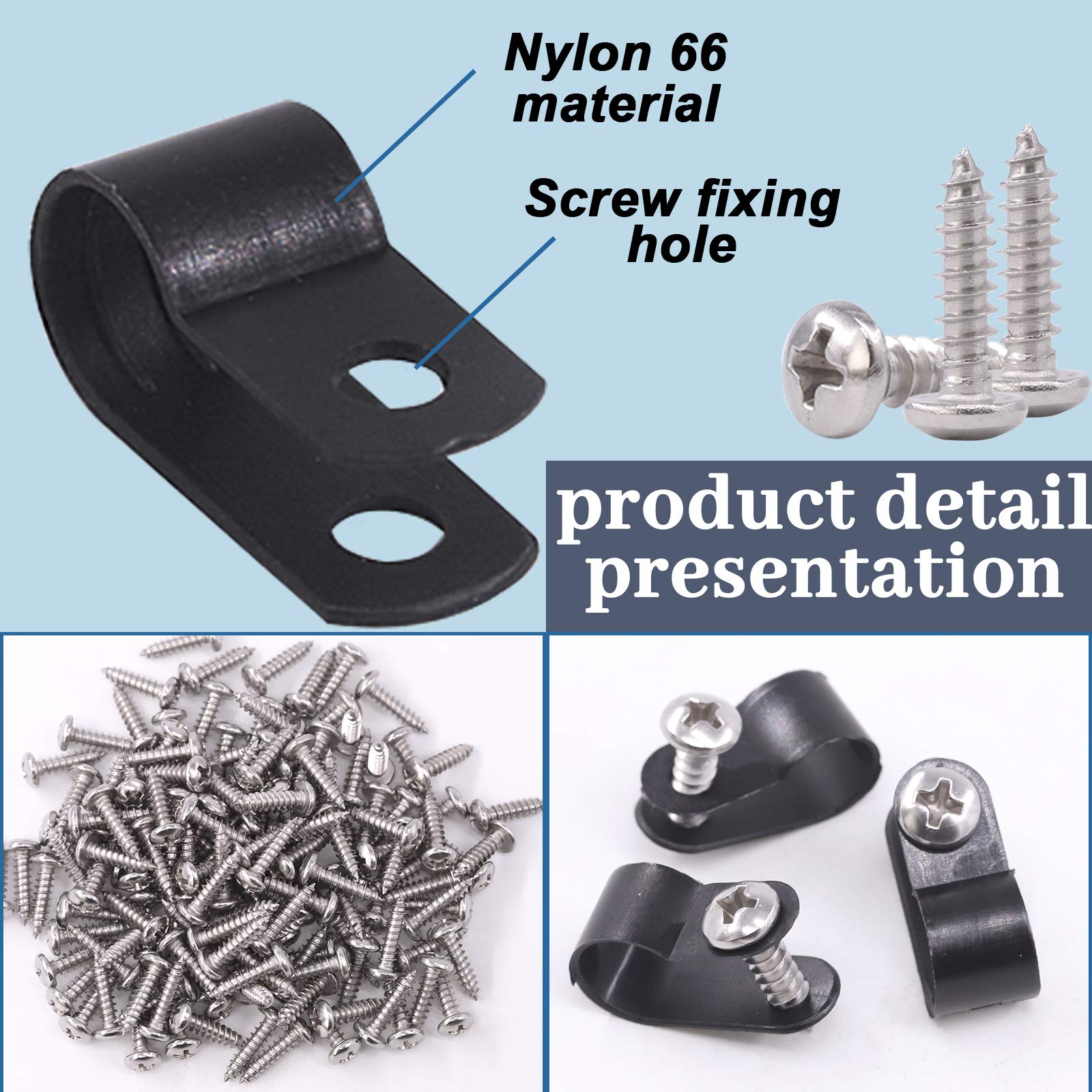 Glarks 120Pcs 5/16 Inch Black Nylon Screw Mounting R Type Cable Clip Wire Clamp With 120Pcs Screws For Wire, Cable, Conduit And