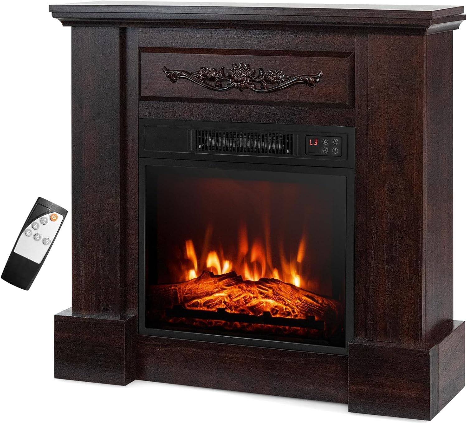 SIMOE 32 Electric Fireplace with Mantel,Package Freestanding Fireplace with Remote Control & Overheat Protection & Adjustable Fl