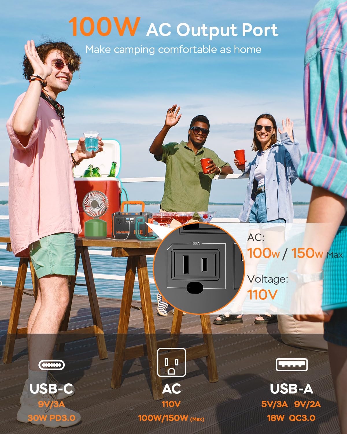 Marbero Portable Power Station 88.8Wh 150W Peak Camping Portable Power Bank With Ac Outlet 110V(2*Usb A, 2*Usb C, 2*Ac) Solar Ge
