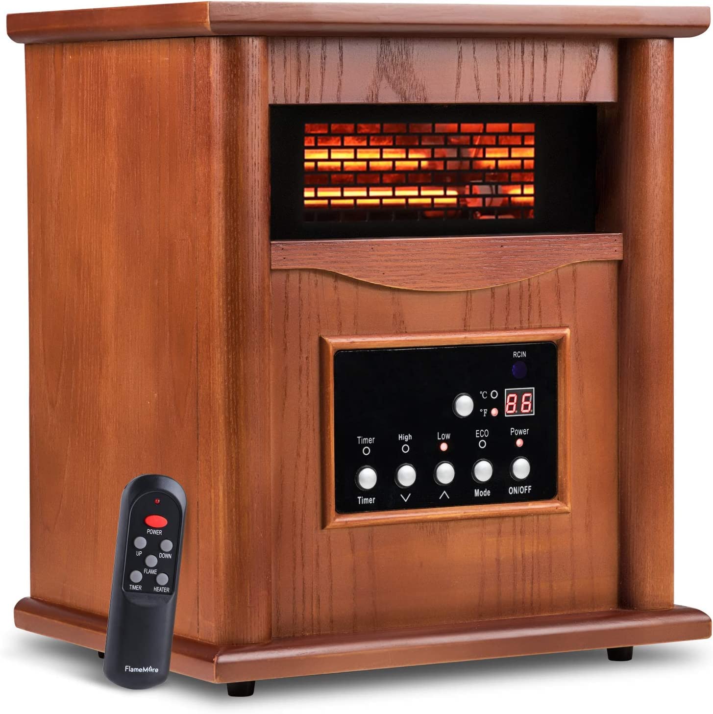 Electric Infrared Space Heaters for Indoor Room Use, LifePlus 1500W Box Space Heater with Wood Frame, Remote Control and Timer, 