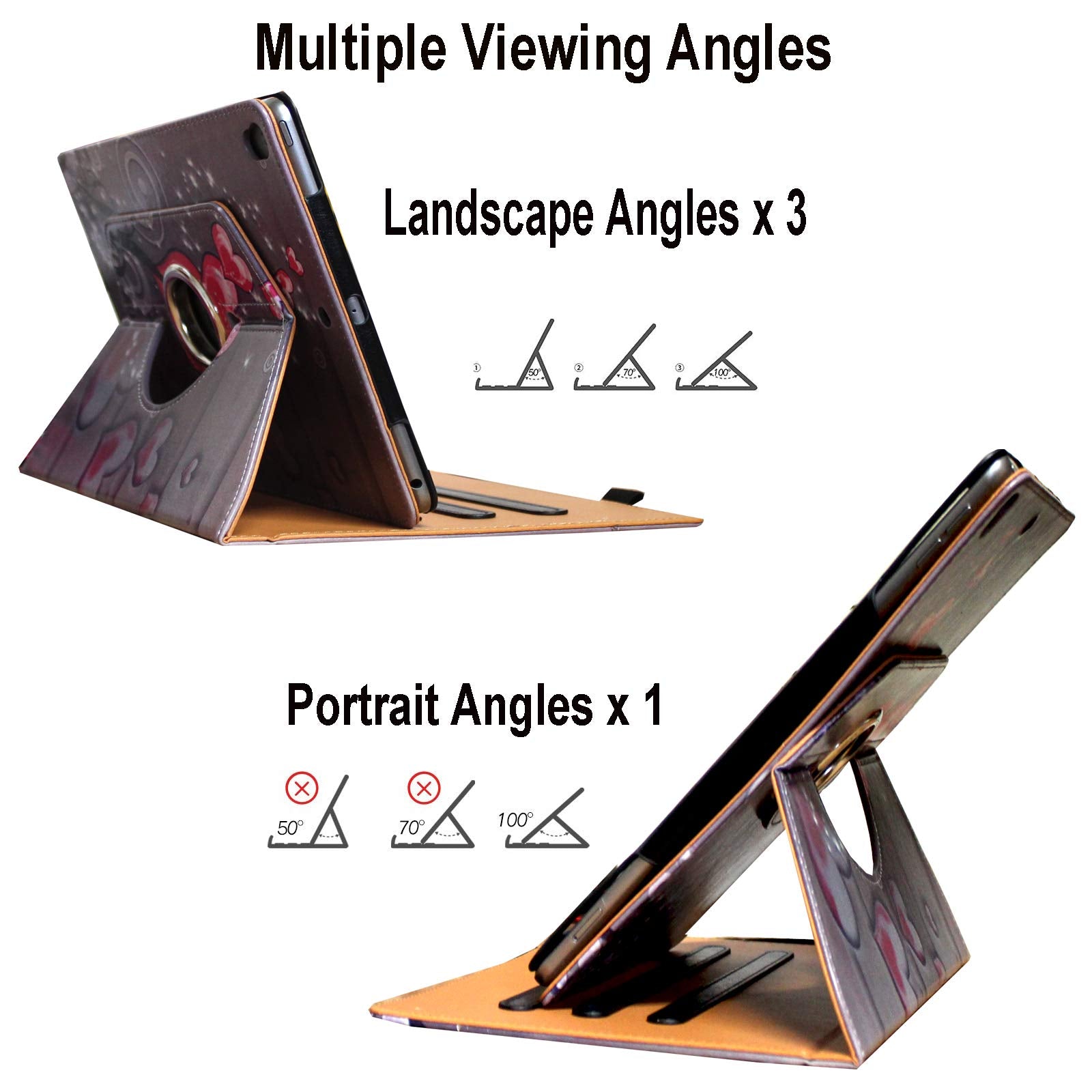 Jytrend Case For Ipad 9.7 (2018) 6Th/(2017) 5Th Generation, Ipad Air 1(2013)/Air 2(2014), 360 Rotating Multi Angle Viewing Stand Smart Cover With Pocket/Pen Holder, Auto Wake Up/Sleep (Heart Flower)
