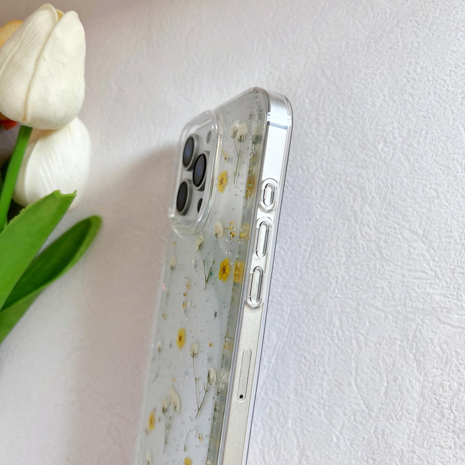 Lseeka For Iphone 16 Pro Max Clear Case With Pressed Real Flowers Design,Glitter Cute Yellow Floral Pattern Slim Soft Tpu Protec