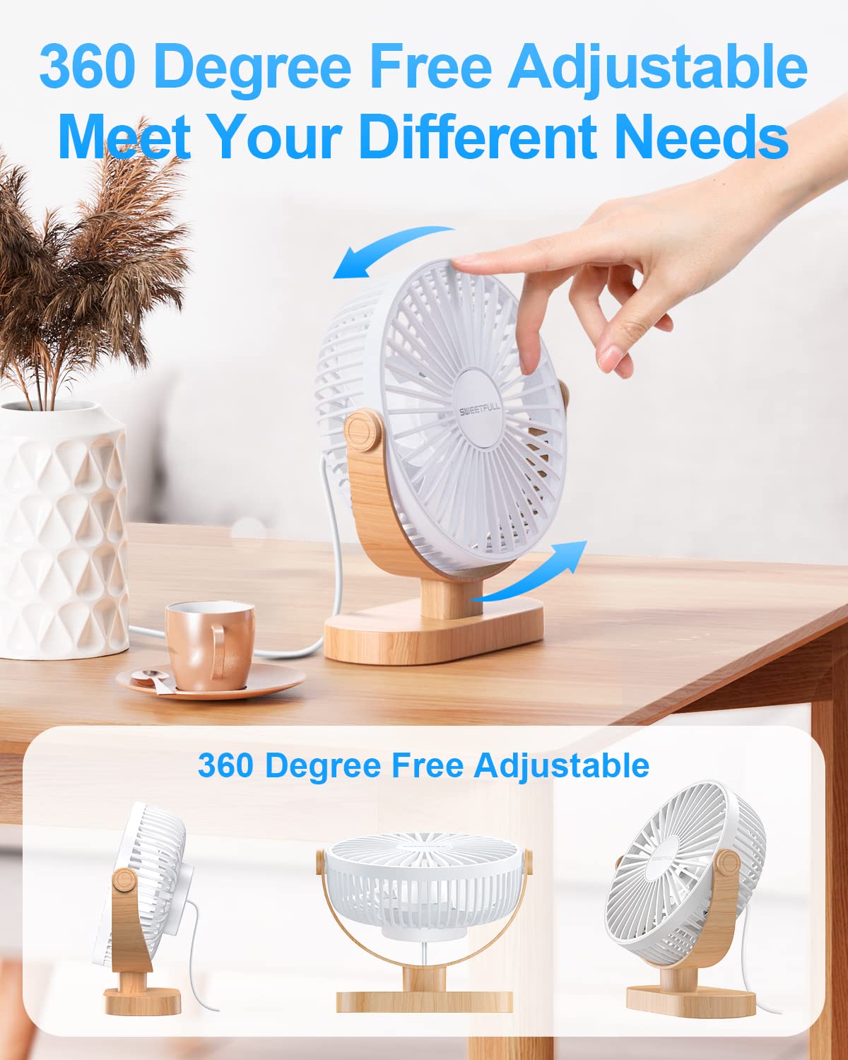 Sweetfull Small Usb Desk Fan 6.5 Inch, 3 Speeds Portable Personal Desktop Table Fan, Dual 360 Adjustment Mini Fan, Quiet Operati