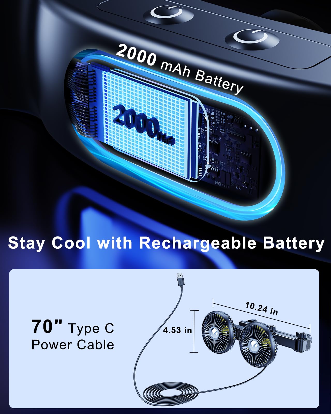Nauttxon Battery Fan For Car Backseat With Retractable Long Arm, [Comes With Car Charger & Usb C Cable*1] 360Rotatable 3 Speeds