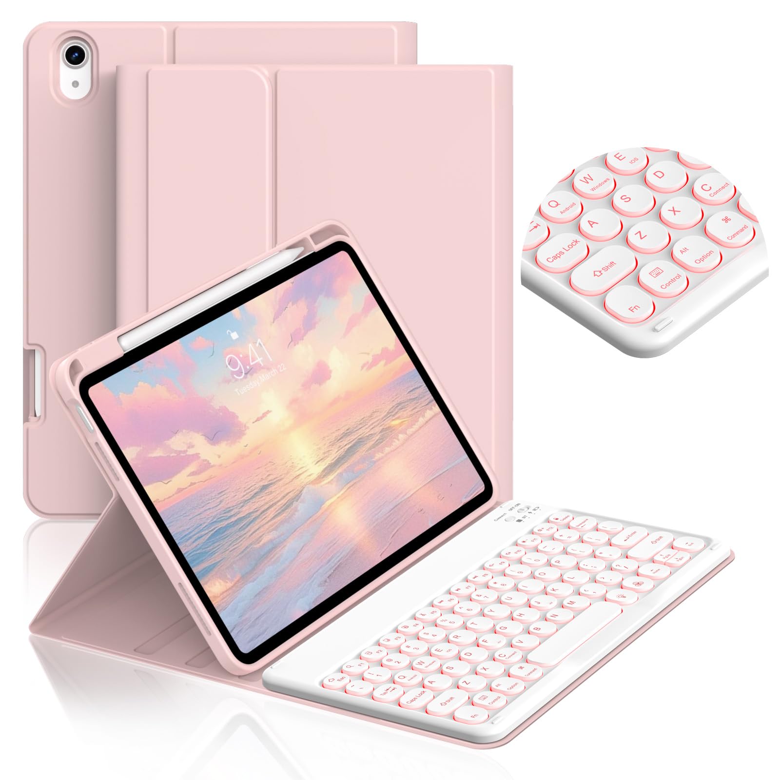 JKSML for iPad (A16) 11th/10th Gen case with Keyboard, Round Key, 7 Color Backlit, Detachable Wireless Keyboard, Stand Folio Cov