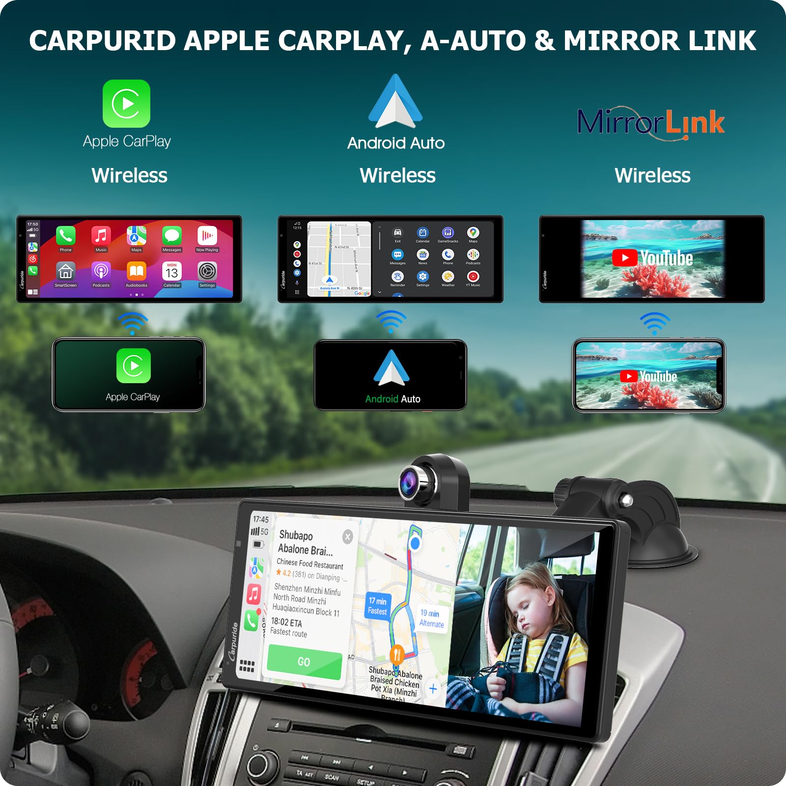 2024 Carpuride W903 Portable Carplay & Android Auto With Dash Cam   9.3' Hd Ips Screen, 4K Front &1080P Rear Cam, Loop Recording, Bluetooth, Mirror Link, Gps, Siri, Dashboard Mounted