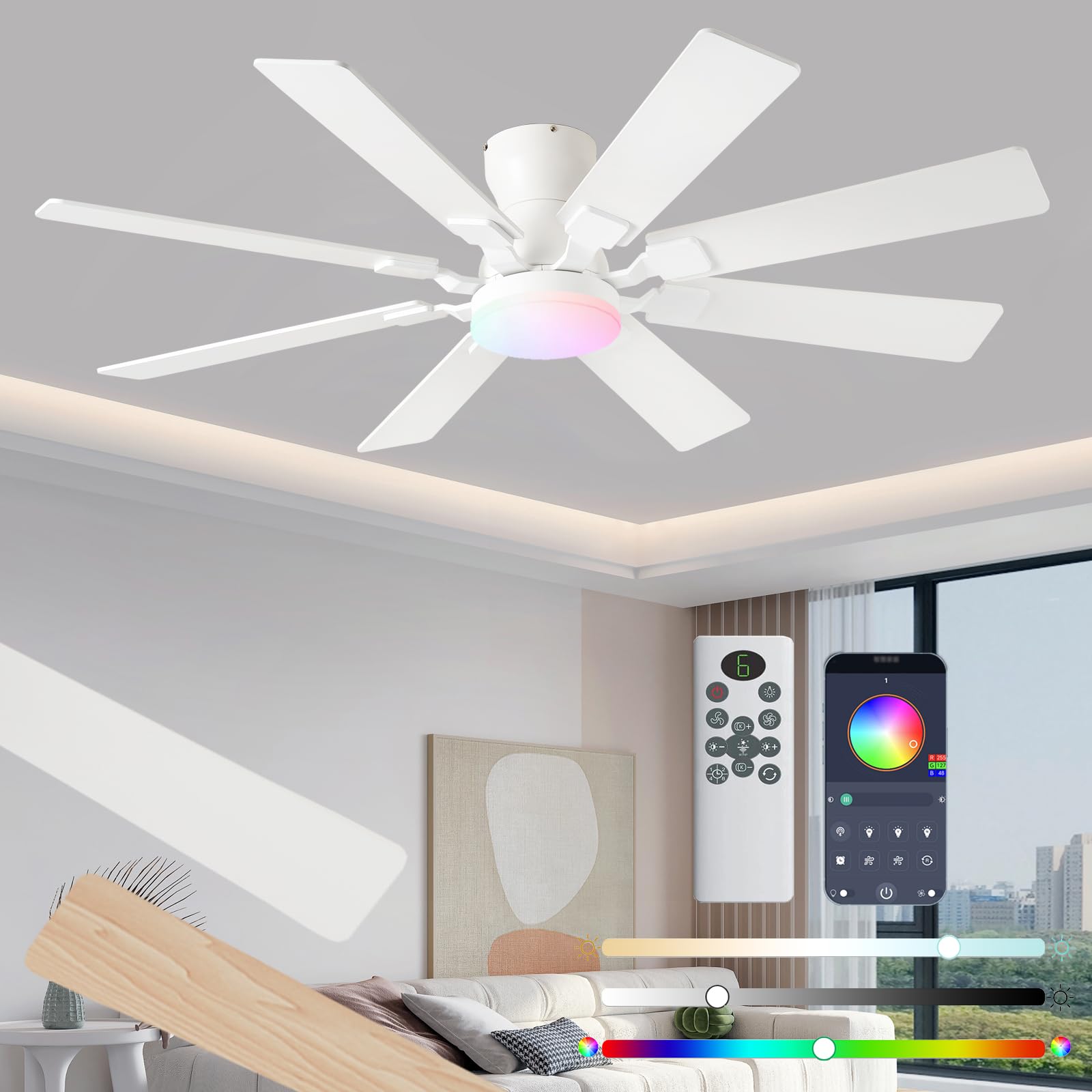 JSAITEE 52 inch Ceiling Fan with Light, 6 Speeds Reversible Low Profile Ceiling Fan with Light and Remote/APP Control, 3 Color T