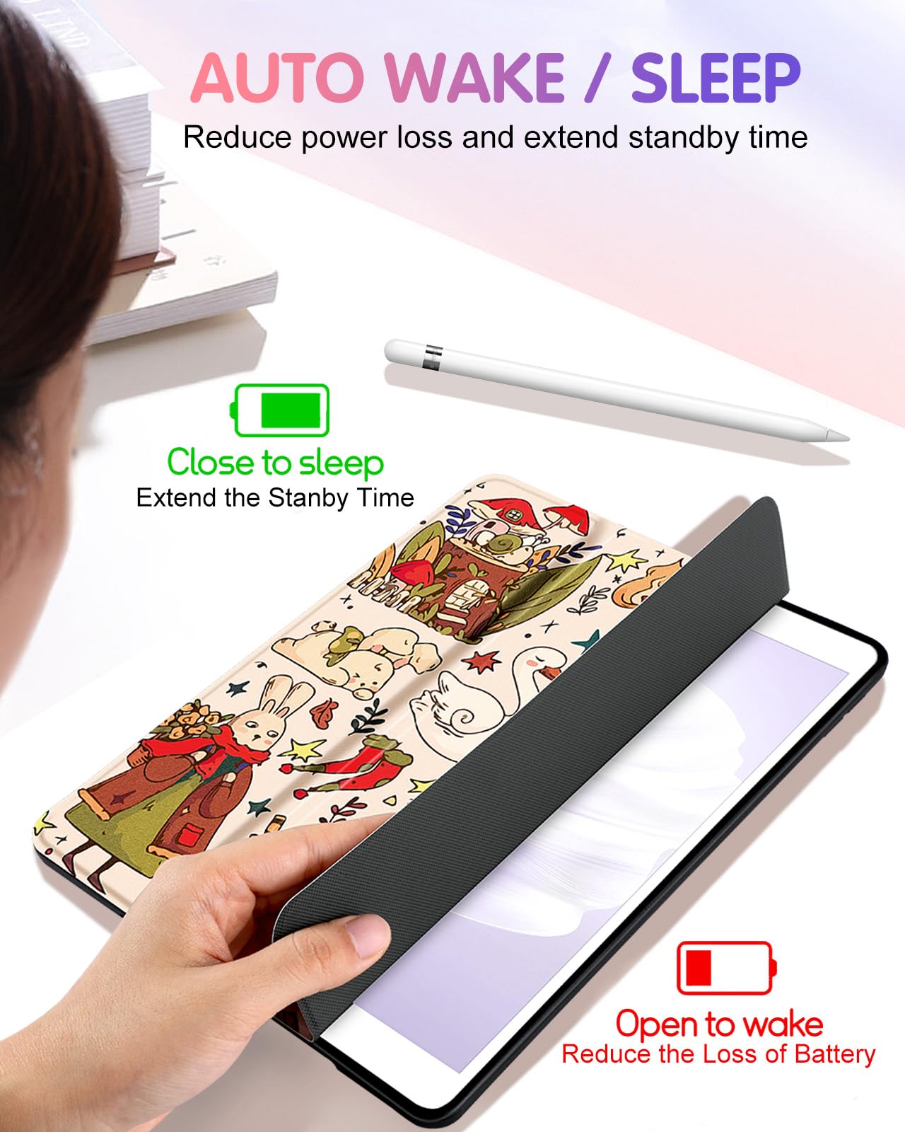 Uppuppy For Ipad 9Th/8Th/7Th Generation Case 10.2 Inch Girls Cute Kids Women Folio Smart Cover Pencil Holder Cartoon Aesthetic D