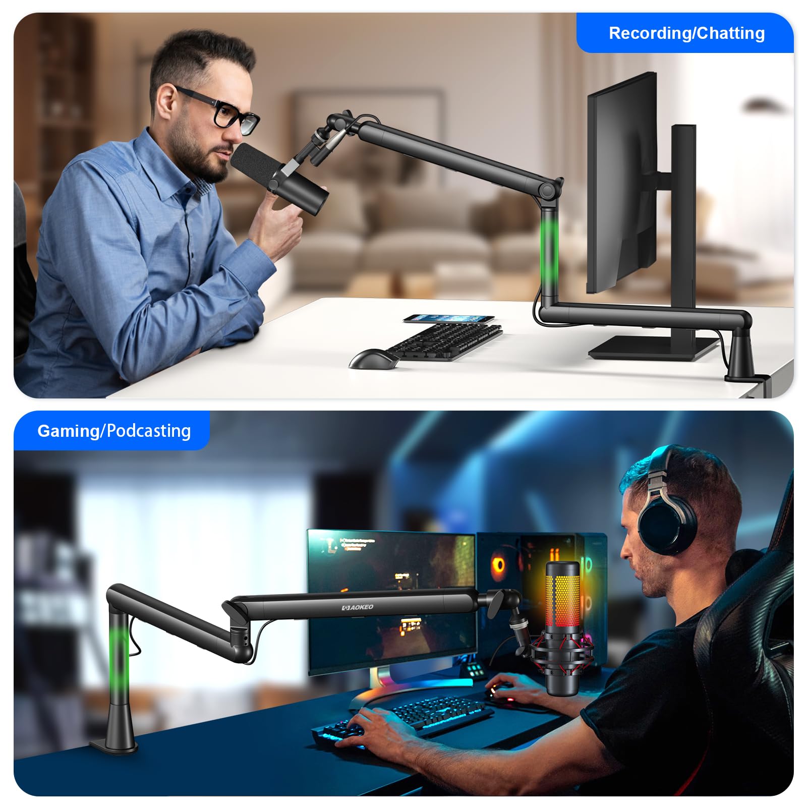 Microphone Arm,Aokeo Ak 55 Desk Low Profile Adjustable Mic Boom Arm Stand,Suitable For Blue Yeti,Snowball Ice, Hyperx Quadcast,S