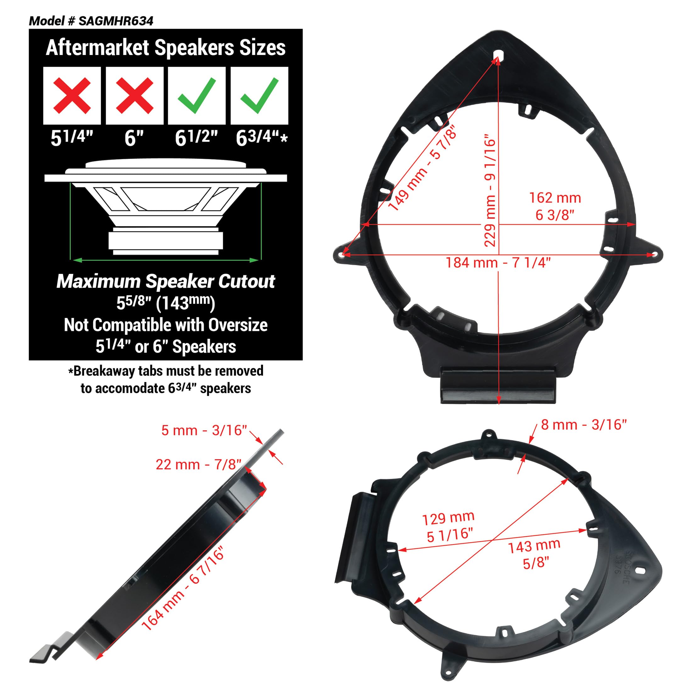 Scosche SAGMHR634 6.5� 6.75� Speaker Adapters Compatible with Select 2005 20 GM Vehicles   6 1/2' to 6 3/4' Adapter Spacer for Car Door Speakers   Sold in Pairs   See Fit Guide in Image for Vehicles