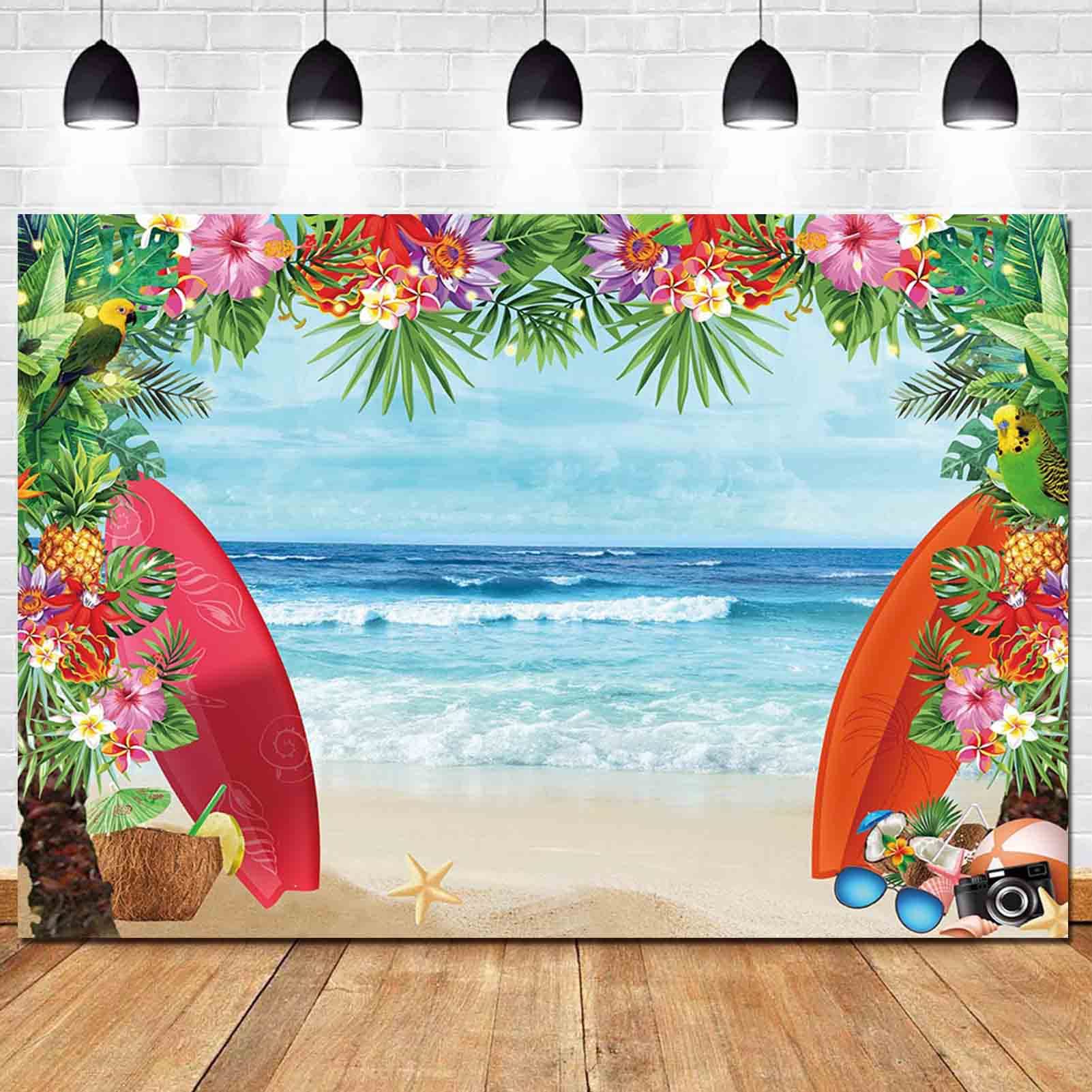 Hqm Summer Tropical Beach Theme Photo Background 5X3Ft Fabric Beach Conch Hawaii Blue Sea Flower Children Birthday Luau Party Ph