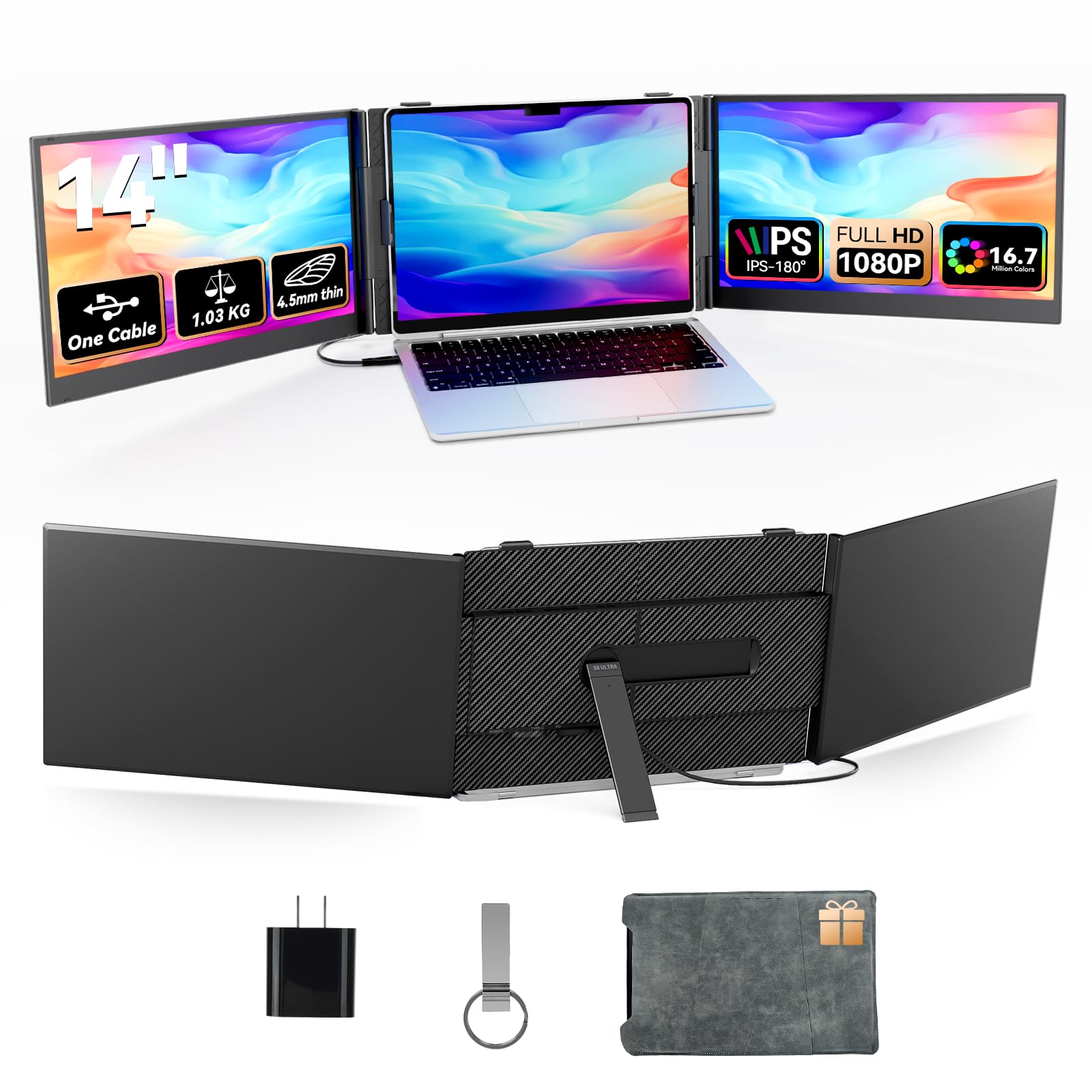 Triple Laptop Screen Extender  Ultra Thin 14 IPS FHD 1080P Monitor One Cable Connection Requires Driver Portable Display for 1