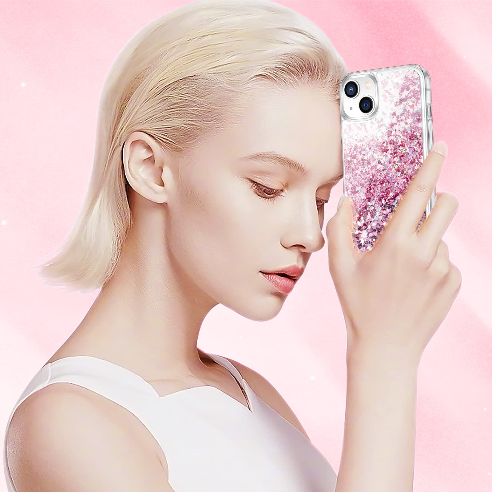 Caka Compatible For Iphone 13 Case, Iphone 14 Case With Screen Protector For Women Bling Sparkle Luxury Flowing Floating Clear C