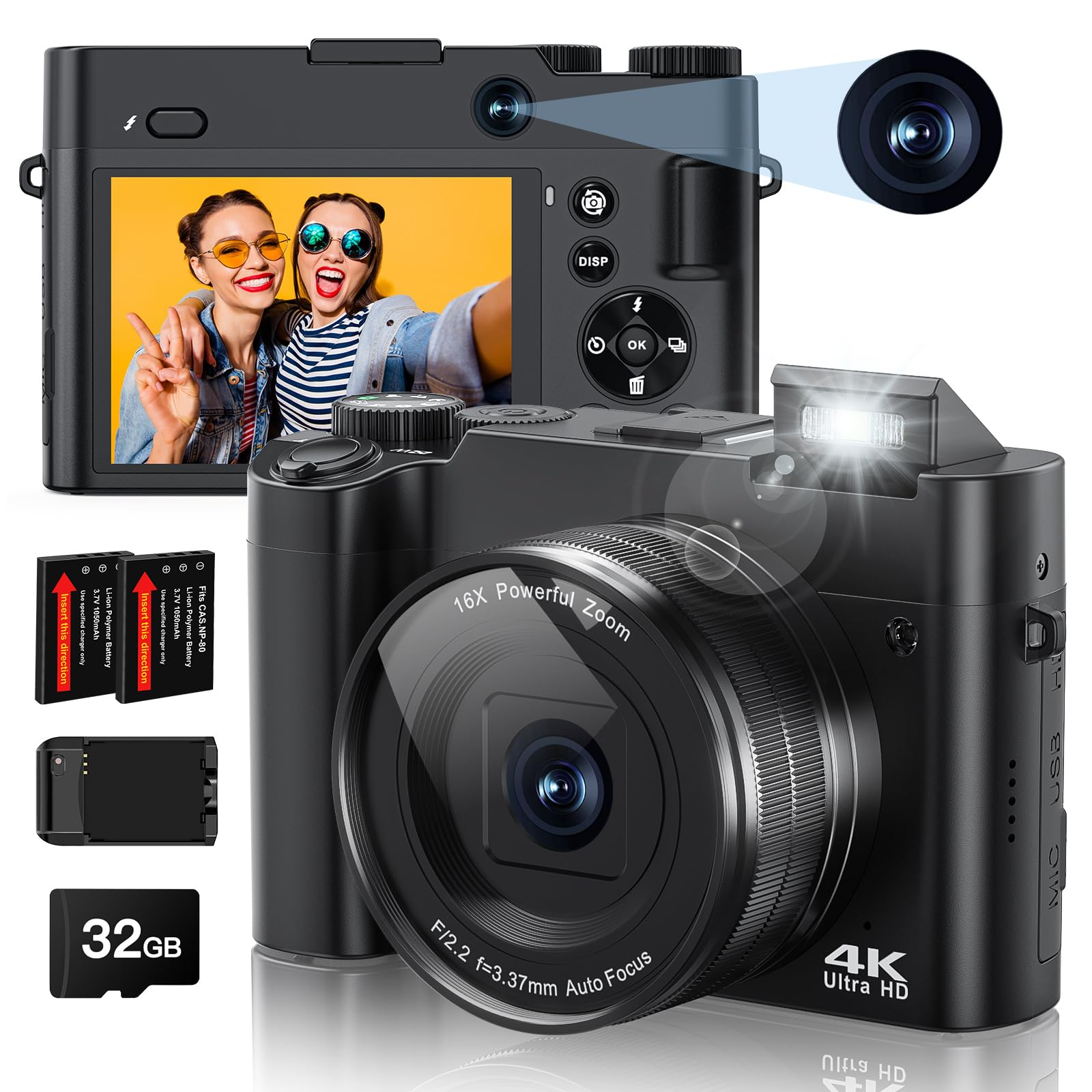 4K Digital Camera, 64Mp Rear And Front Camera For Photography And Video Autofocus Anti Shake, 3'' Selfie Flip Vlogging Camera Wi