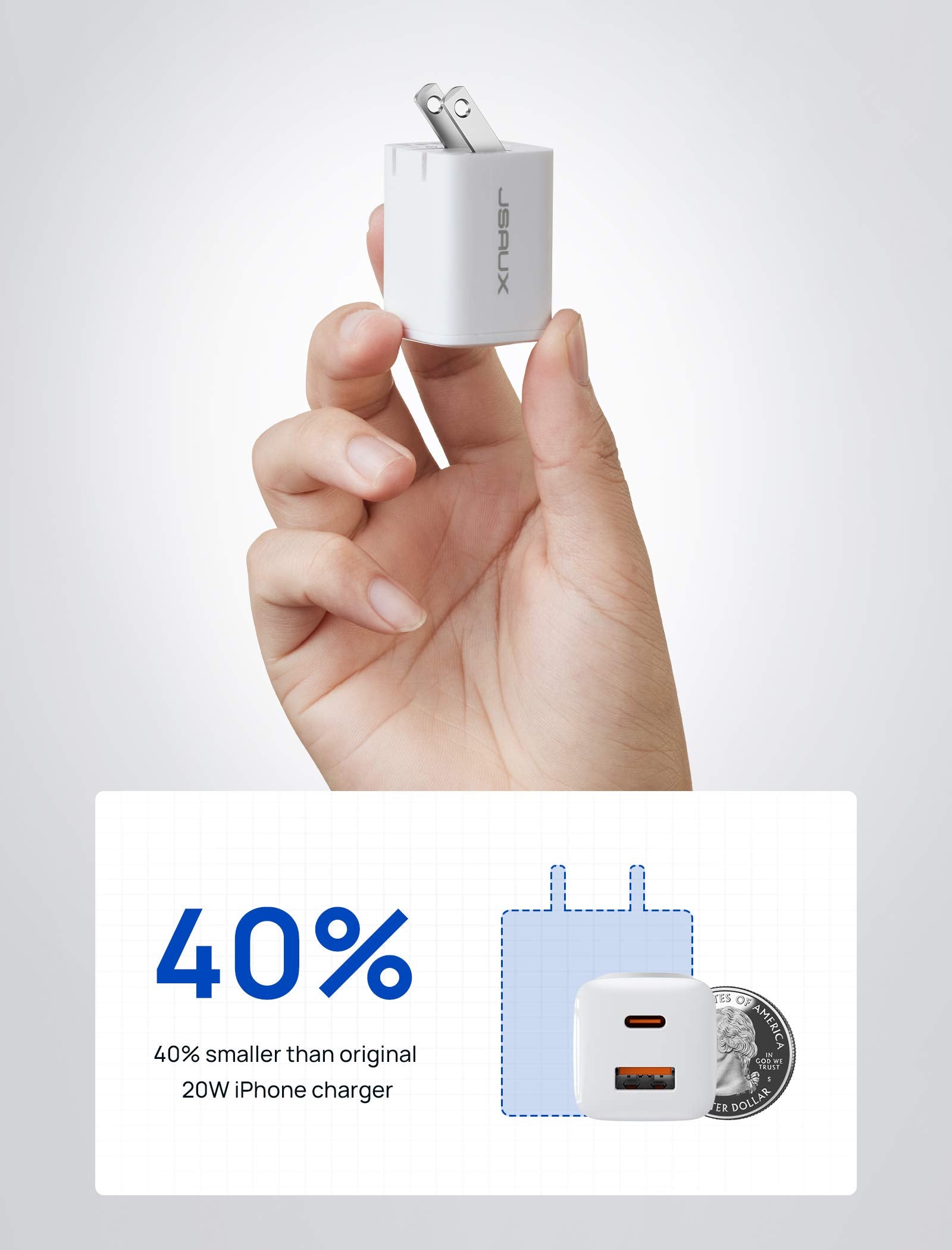 Usb C Charger Block, Jsaux 20W Dual Port Fast Charger, Iphone 16 Charger Usb Type C Pd & Qc 3.0 Foldable Wall Charger Plug Adapt