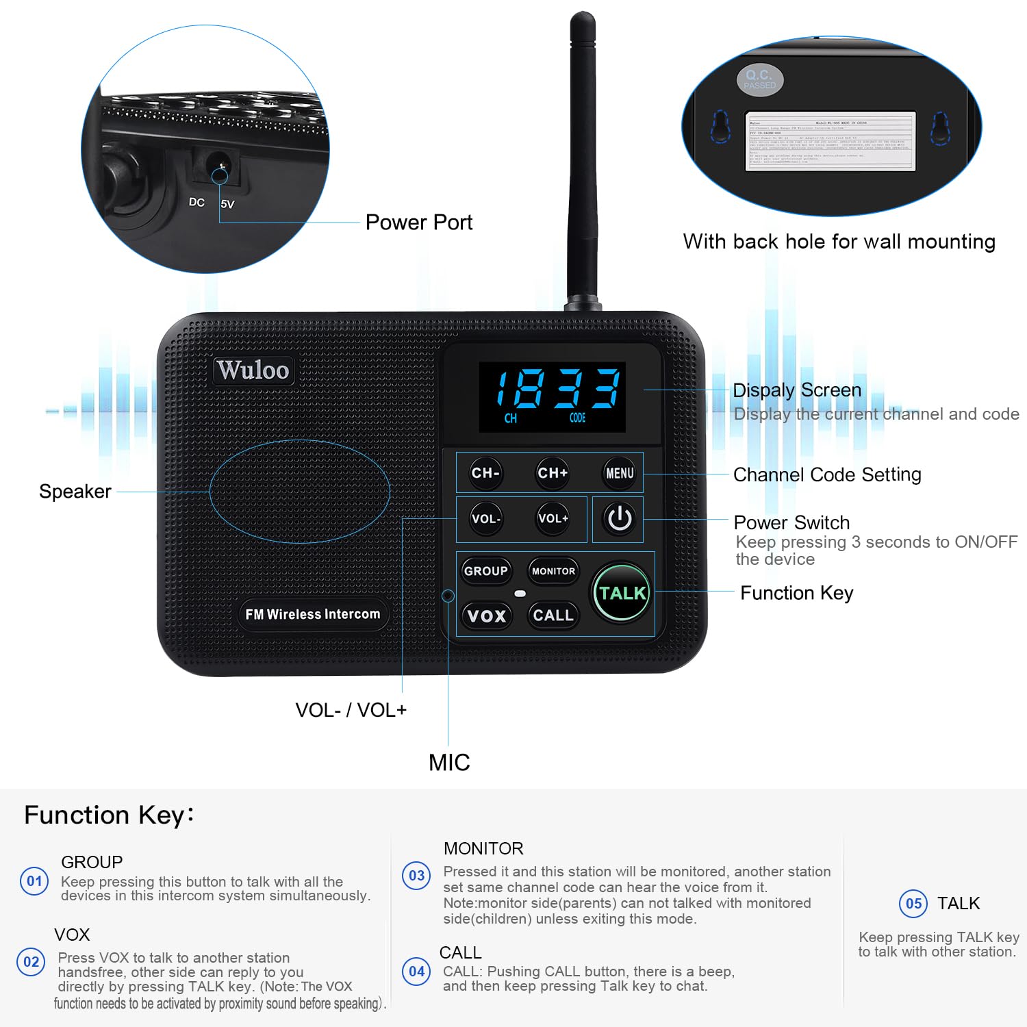 Wuloo Intercoms Wireless For Home 1 Mile Range 22 Channel 100 Digital Code Display Screen, Wireless Intercom System For Home House Business Office, Room To Room Intercom Communication(2Stations,Black)