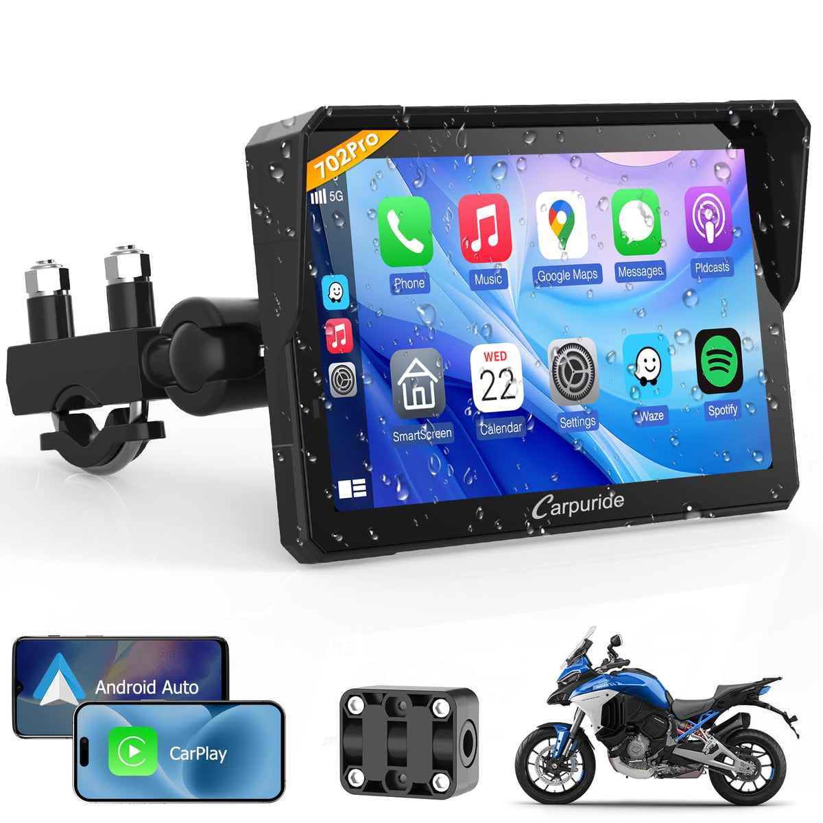Carpuride W702Pro For Motorcycle Carplay& Android Auto& Dual Bluetooth - 7'' Waterproof Gps Navigation Screen For Motorbike, Mus