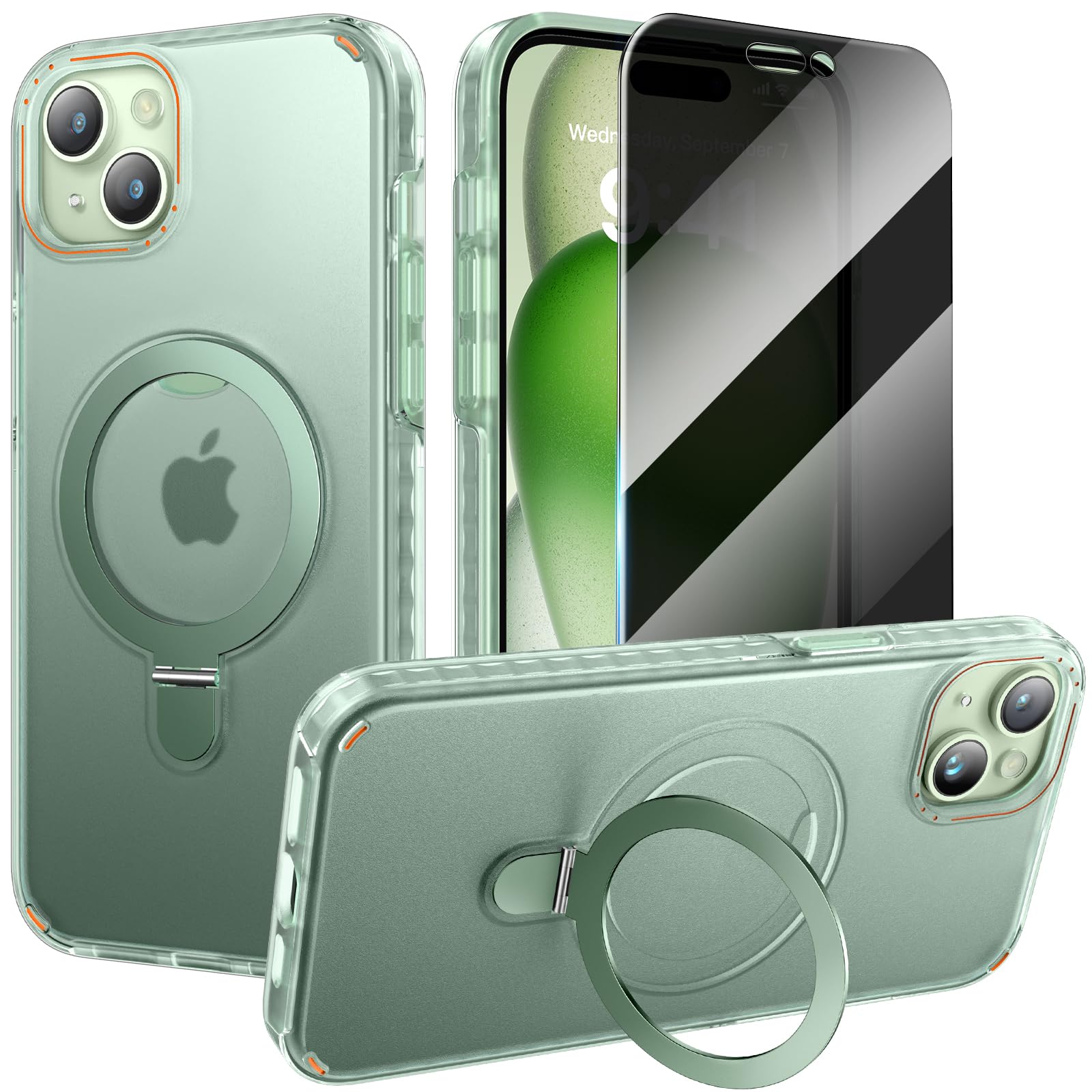 Diaclara Designed For Iphone 15 Case With Stand, [With Privacy Screen Protector] [Anti Spy] [Military Grade Drop Protection] Hea