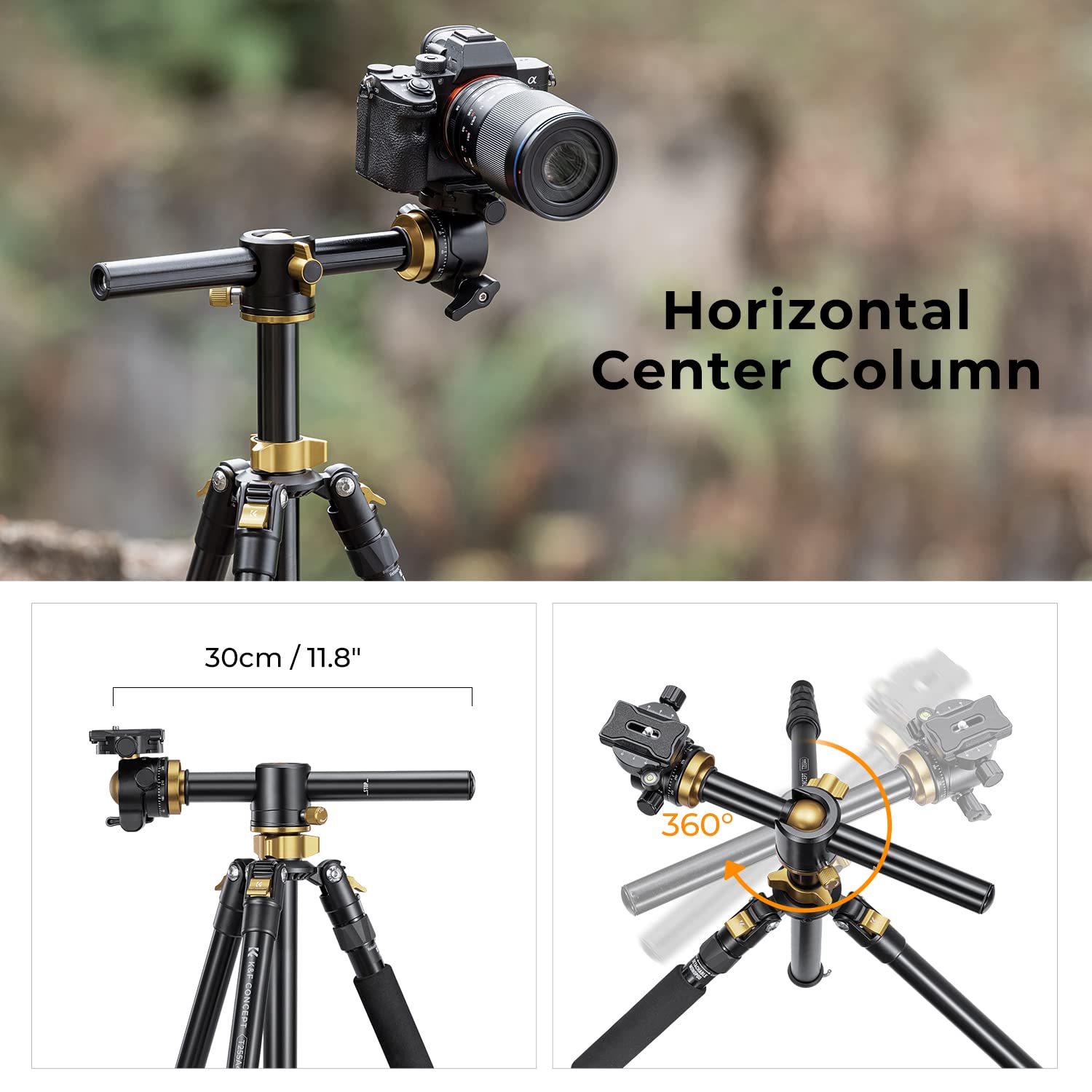 K&F Concept 67 Inch Camera Tripod Horizontal Aluminum Tripods Portable Monopod With 32Mm Ball Head 12Kg Load Capacity Quick Release Plate, For Travel And Work T255A4+Bh 32L(Golden)