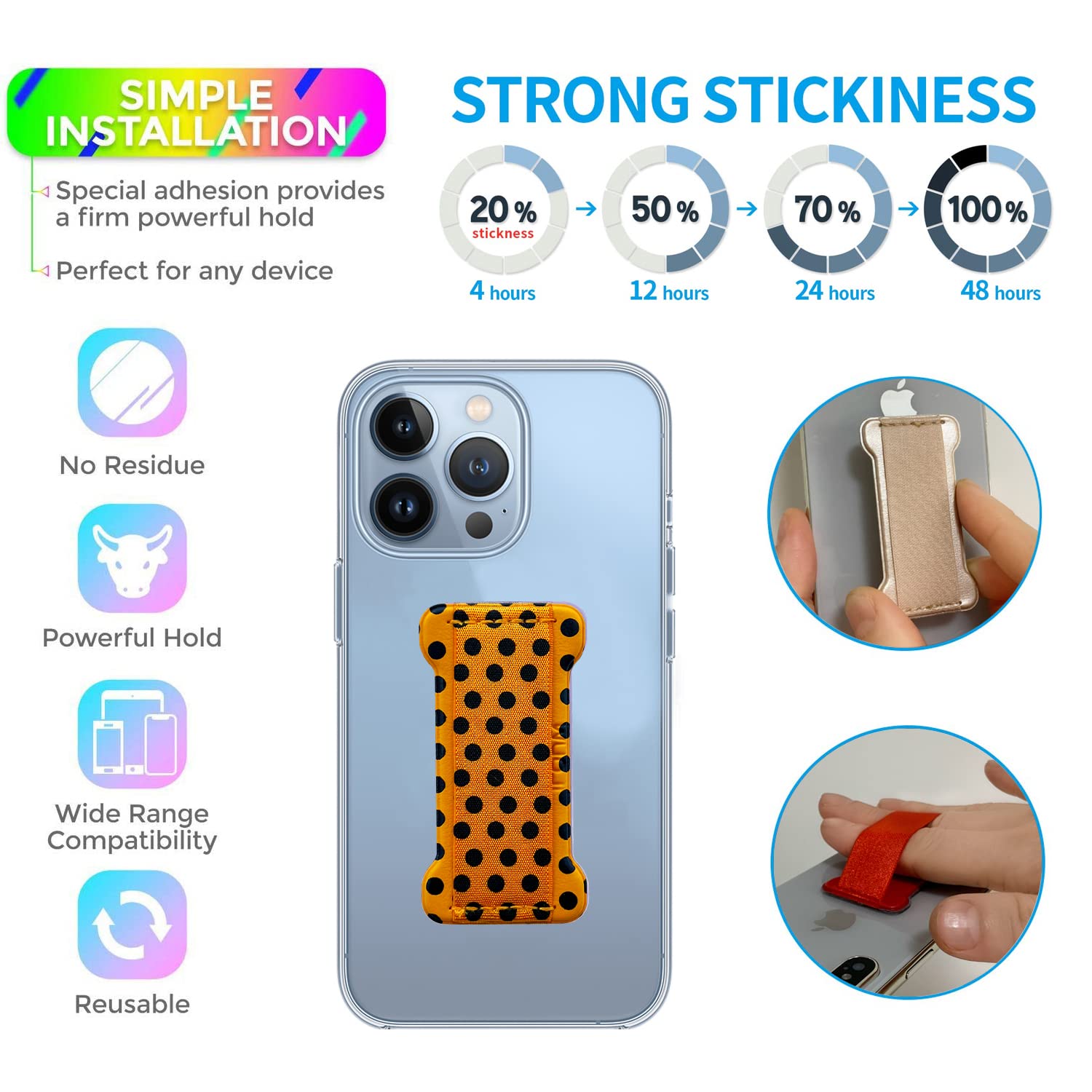 Wuoji Phone Grip Holder For Hand, Universal Finger Strap Phone Holder, Finger Selfie Grip Compatible With Most Smartphones (Blac