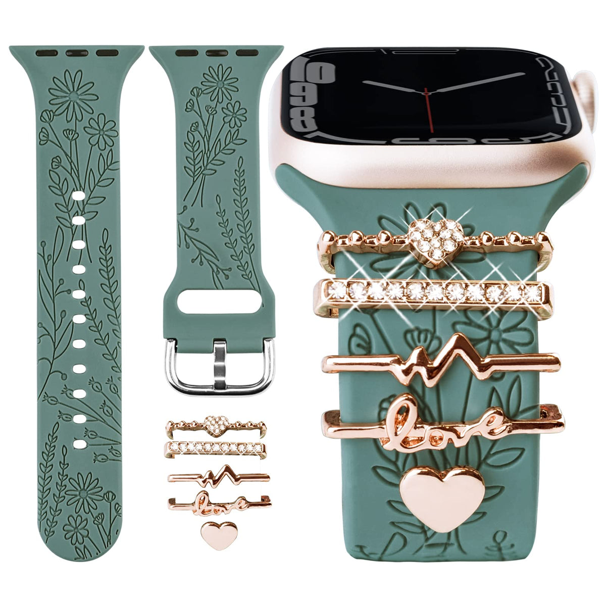 Oratyfan Watch Band Charms (Band Included), Compatible With Apple Watch Band 38Mm 40Mm 41Mm, Floral Engraved Silicone Straps & D