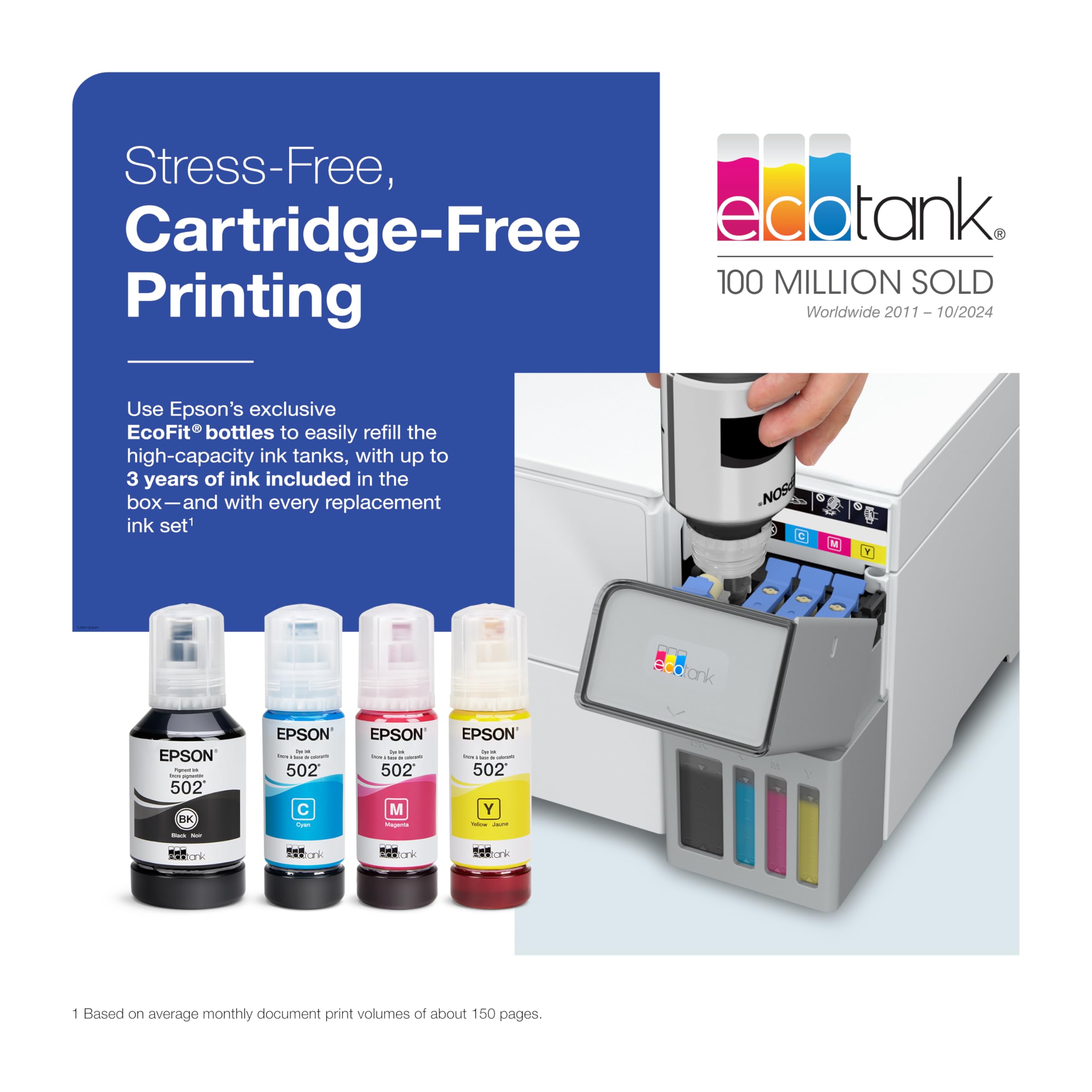 Epson Ecotank Et-3950 Wireless All-In-One Color Supertank Printer With Up To 3 Years Of Ink, Refillable Tanks, Perfect For Home