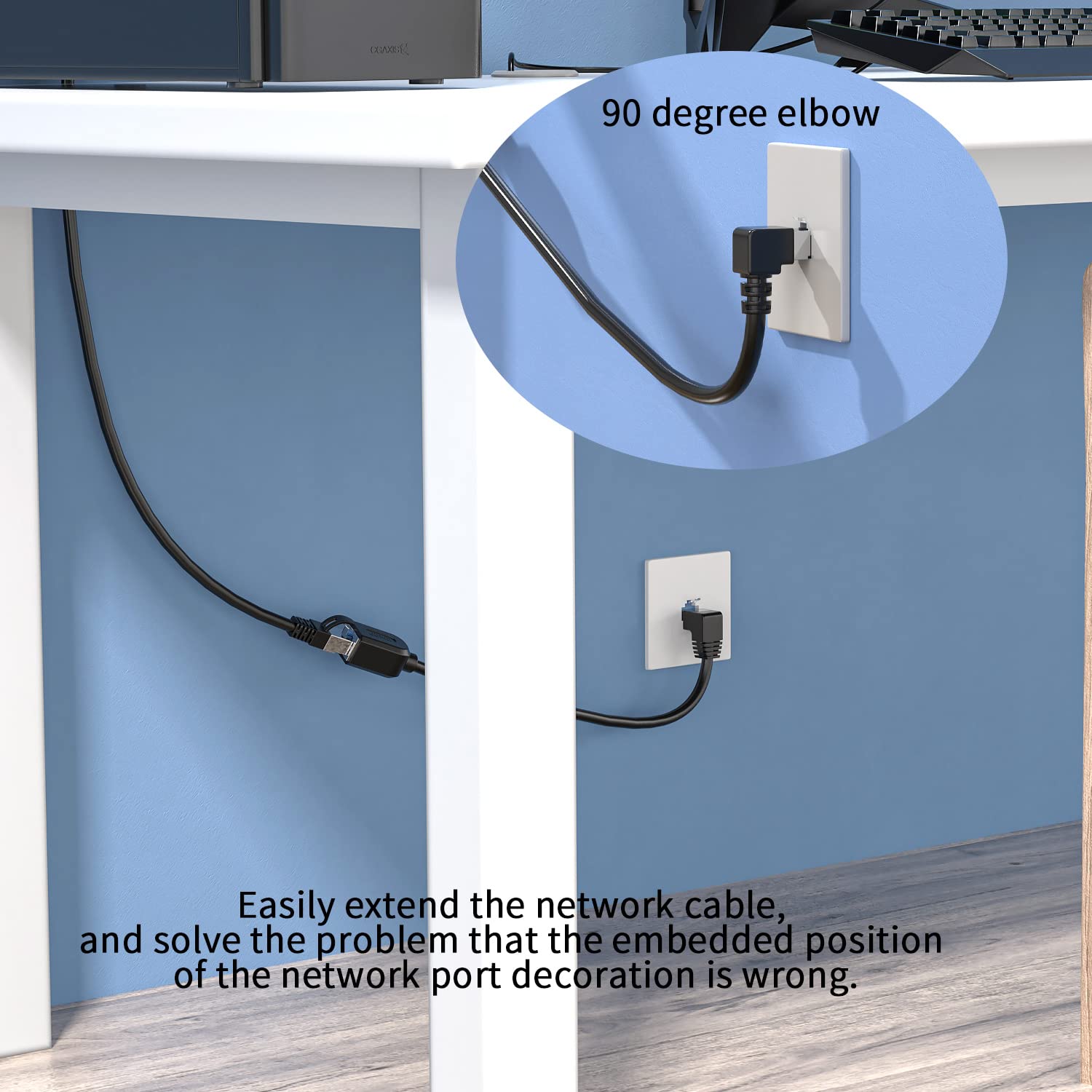 2Pack Cat6 Ethernet Extension Cable 90 Degree Short Cat 6 Cable Extender Right Angle (Leftward+Rightward Angle) Rj45 Network Patch Cord Adapter