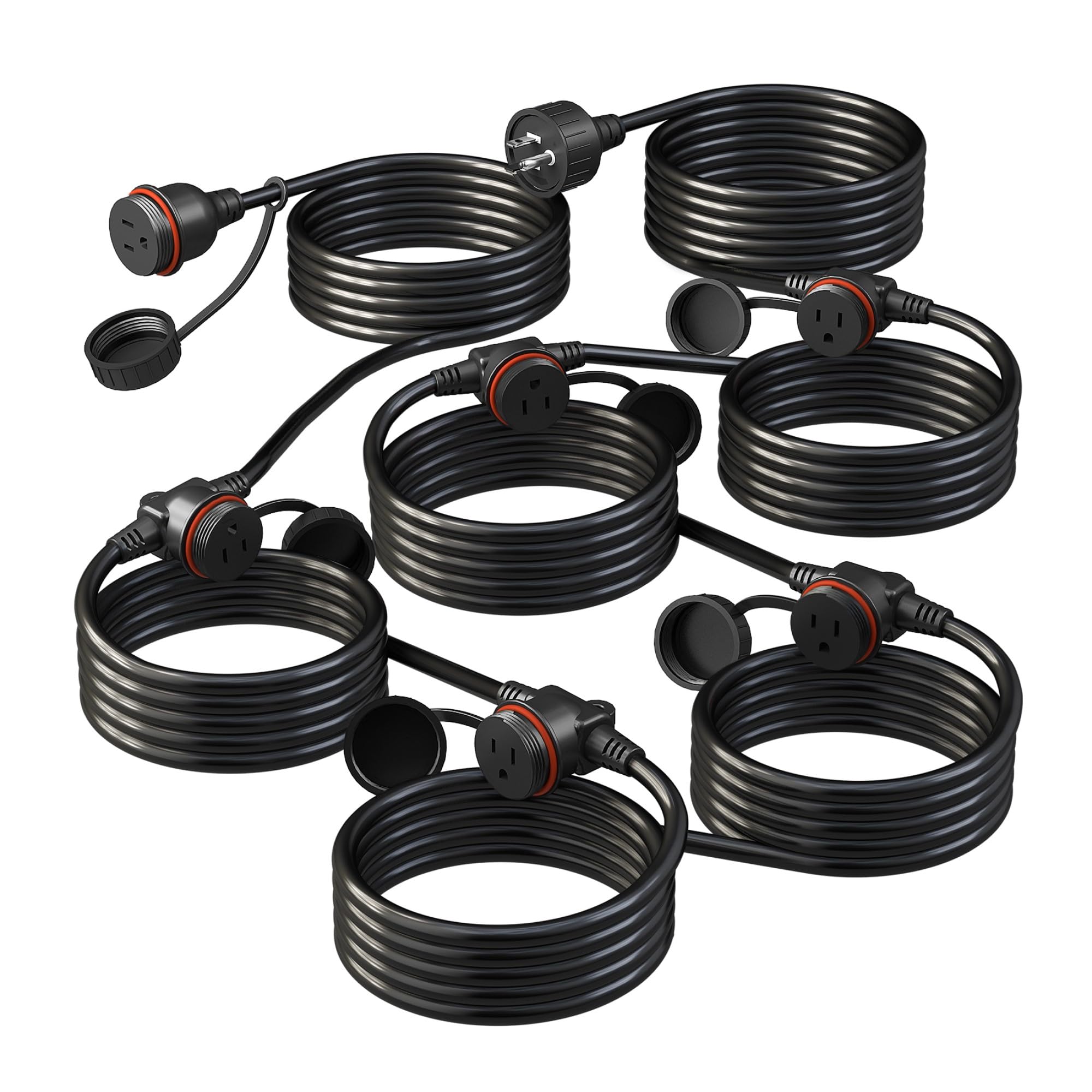 50Ft Black Outdoor Extension Cord, Evenly Spaced 6 Outlets Plugs With Waterproof Cover, 16/3 Sjtw Weatherproof Multiple Outlets