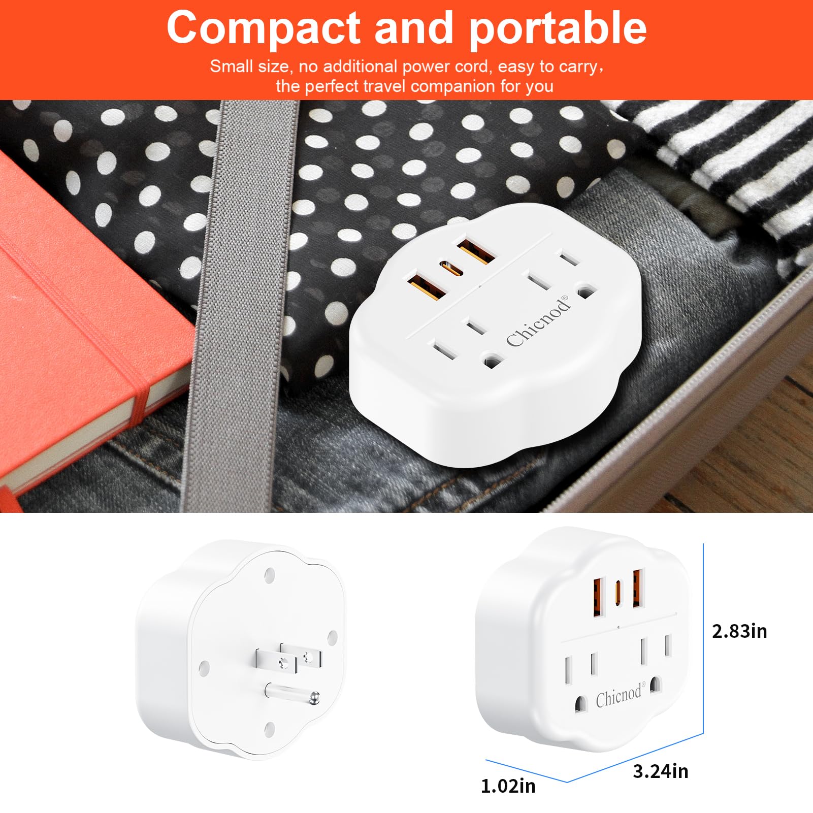 5 In 1 Wall Outlet Extender With Usb & Type C, Surge Protector, 2 Ac Outlets, 1050J Fireproof, Etl/Fcc Certified, Compact For Tr