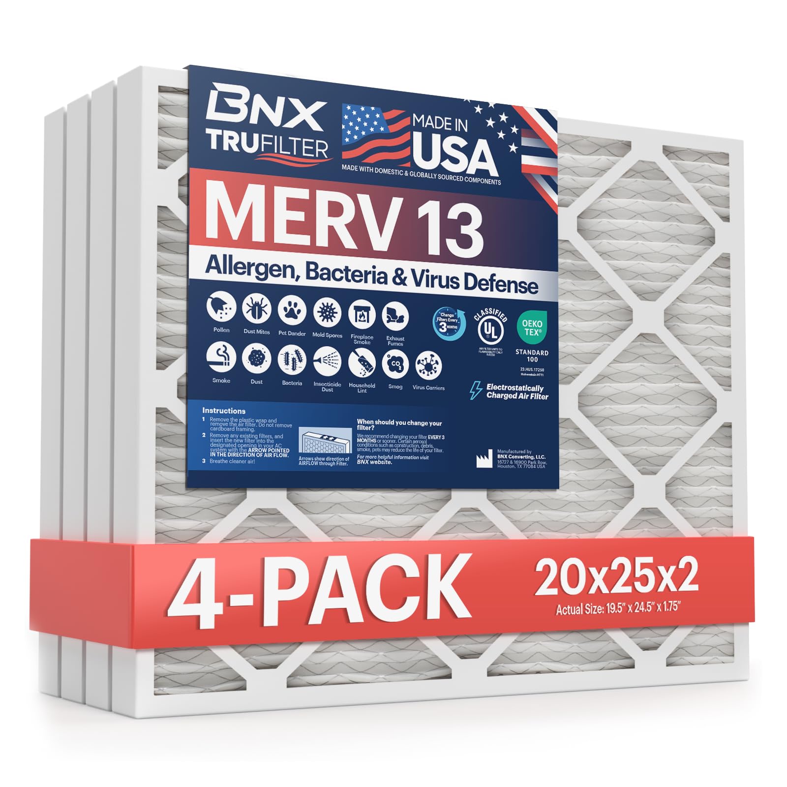 BNX TruFilter 20x25x2 MERV 13 (4Pack) AC Furnace Air Filter  MADE IN USA  Electrostatic Pleated Air Conditioner HVAC AC Furna