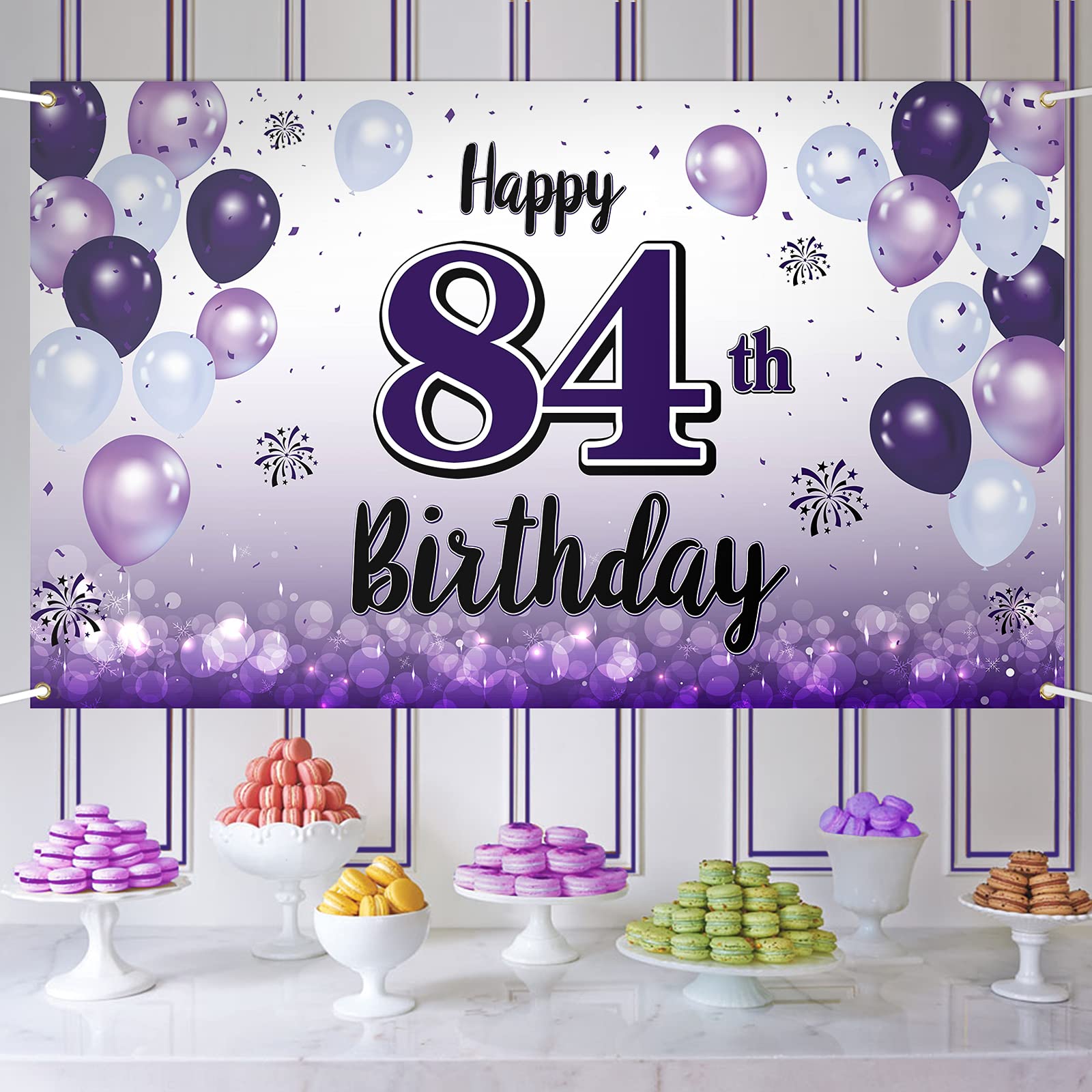 LASKYER Happy 84th Birthday Decorations,84th Purple Balloon Large Birthday Banner Backdrop Sign,84 Years Old Bday Party Supplies