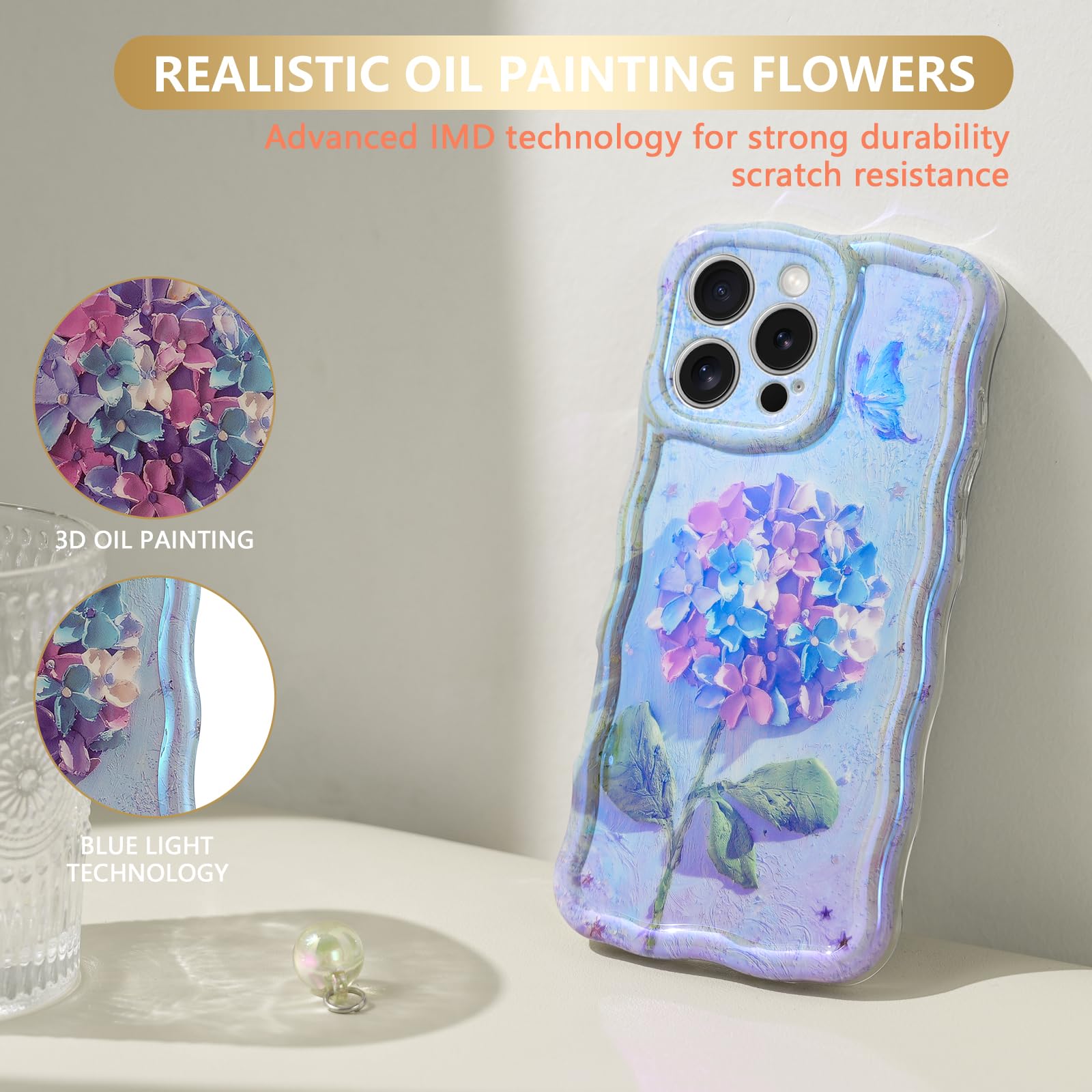 Sheheme For Iphone 16 Pro Case [With 9H Screen Protectors] Wave Bumper Colorful Oil Painting Flowers Print Blue Glossy Soft Tpu