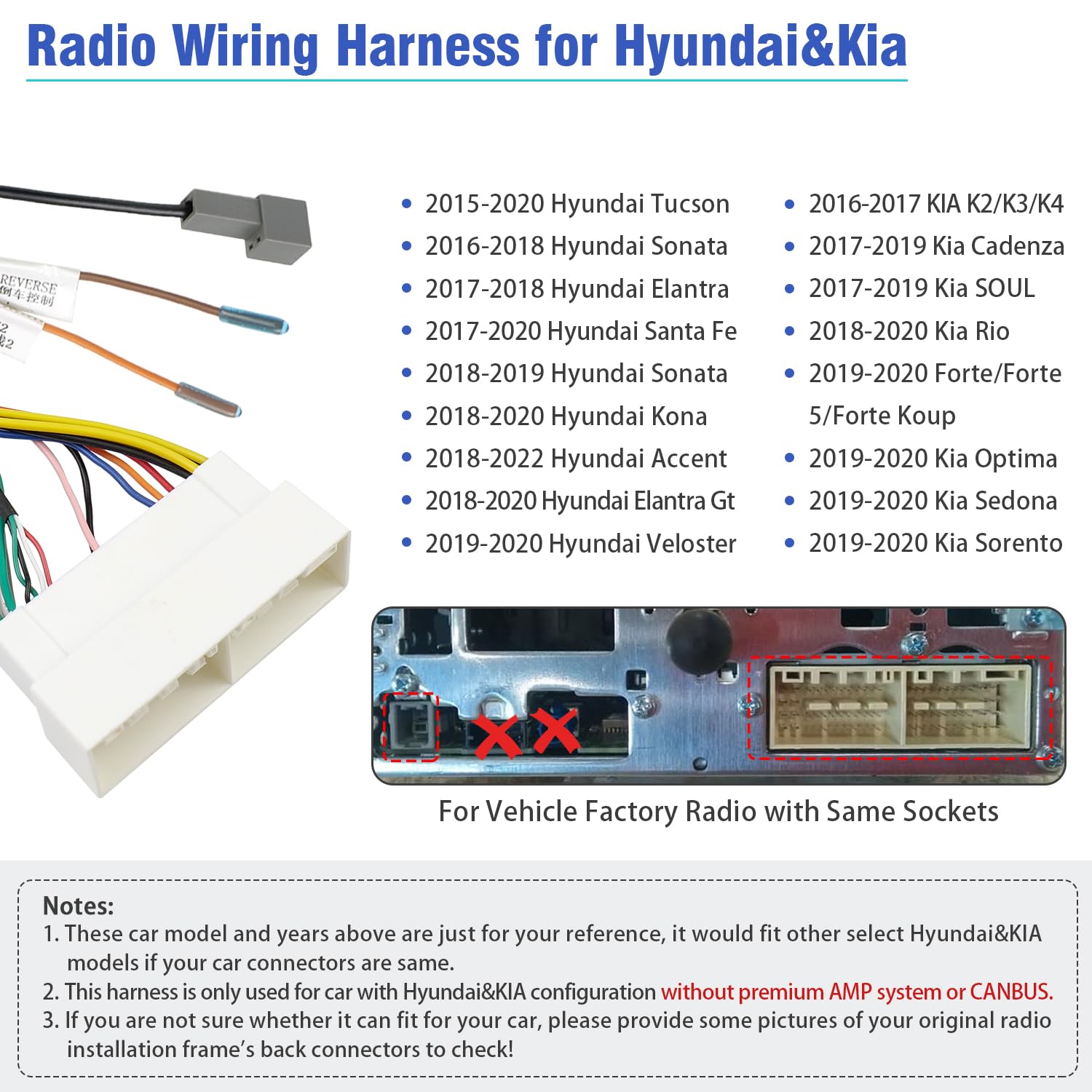 Jayubien Car Radio Wiring Harness Kit For 2016 Up Hyundai Tucson Sonata Elantra Accent Kia Soul Rio Forte Optima,16Pin Iso Stere