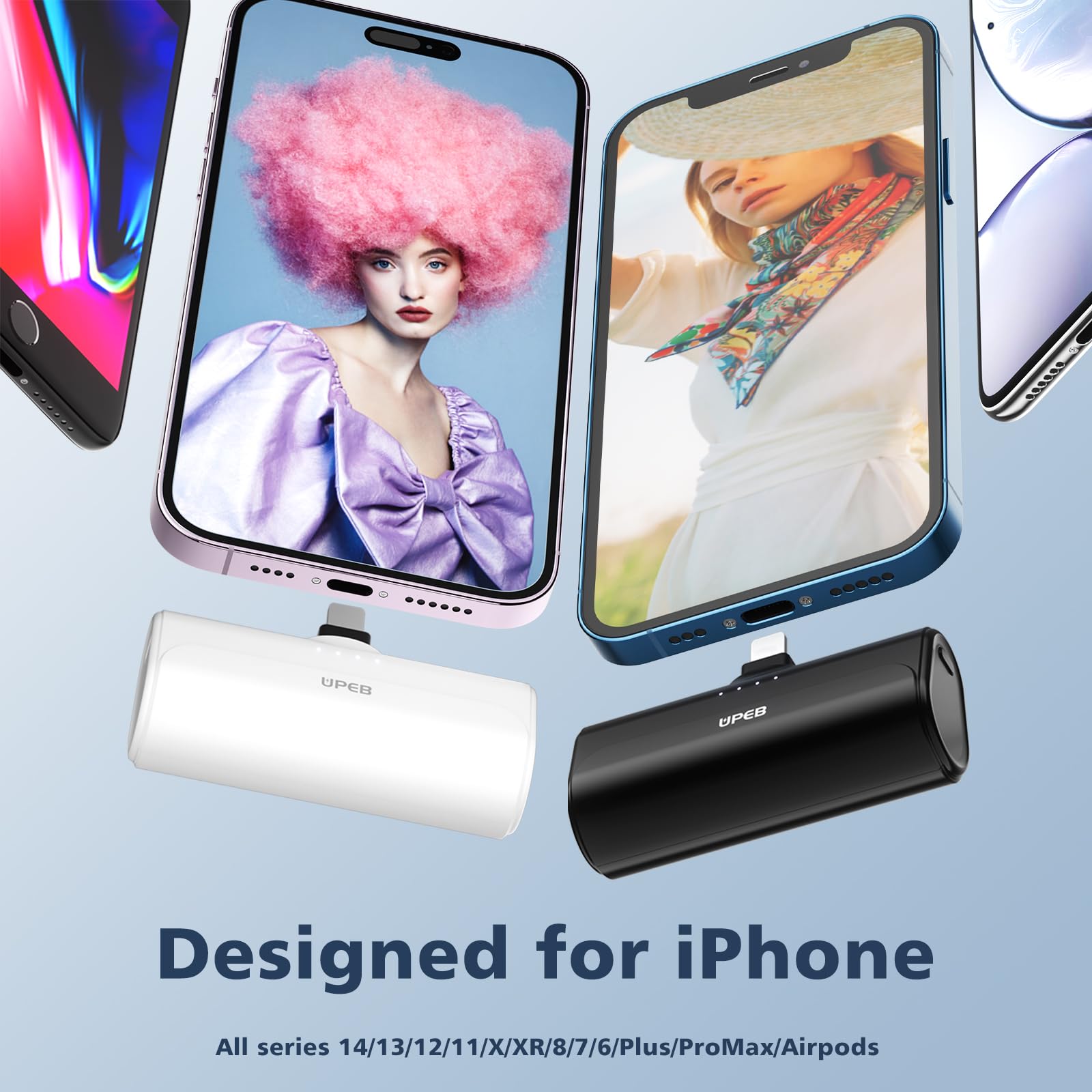 Upeb 2 Packs Portable Phone Charger For Iphone 5000Mah With Built In Cable, Mfi Certified Mini Power Bank Cordless External Batt