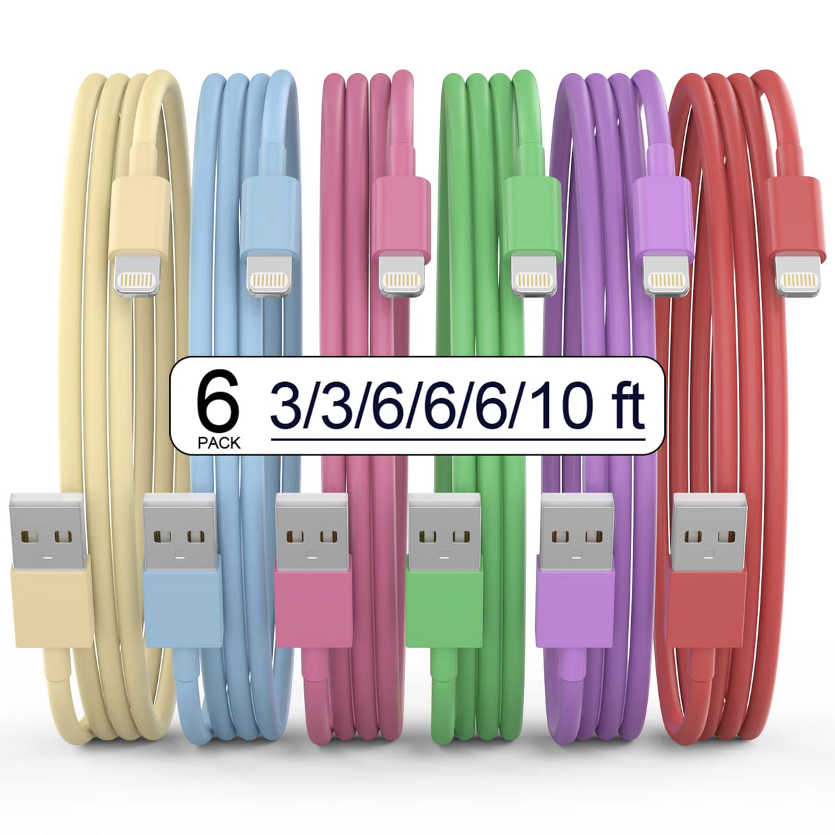 [Apple Mfi Certified] Iphone Charger, 6Pack(3/3/6/6/6/10 Ft) Lightning Cable Apple Charging Fast High Speed Usb Compatible 14/13