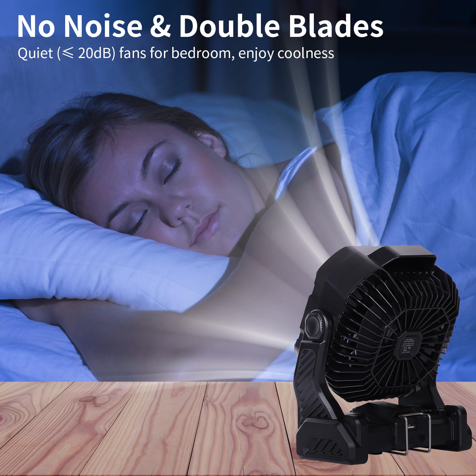 20000Mah Camping Fan,Portable Camping Fan Rechargeable Battery Operated Outdoor Tent Fan With Light & Hook, 270 Pivot, 4 Speeds,