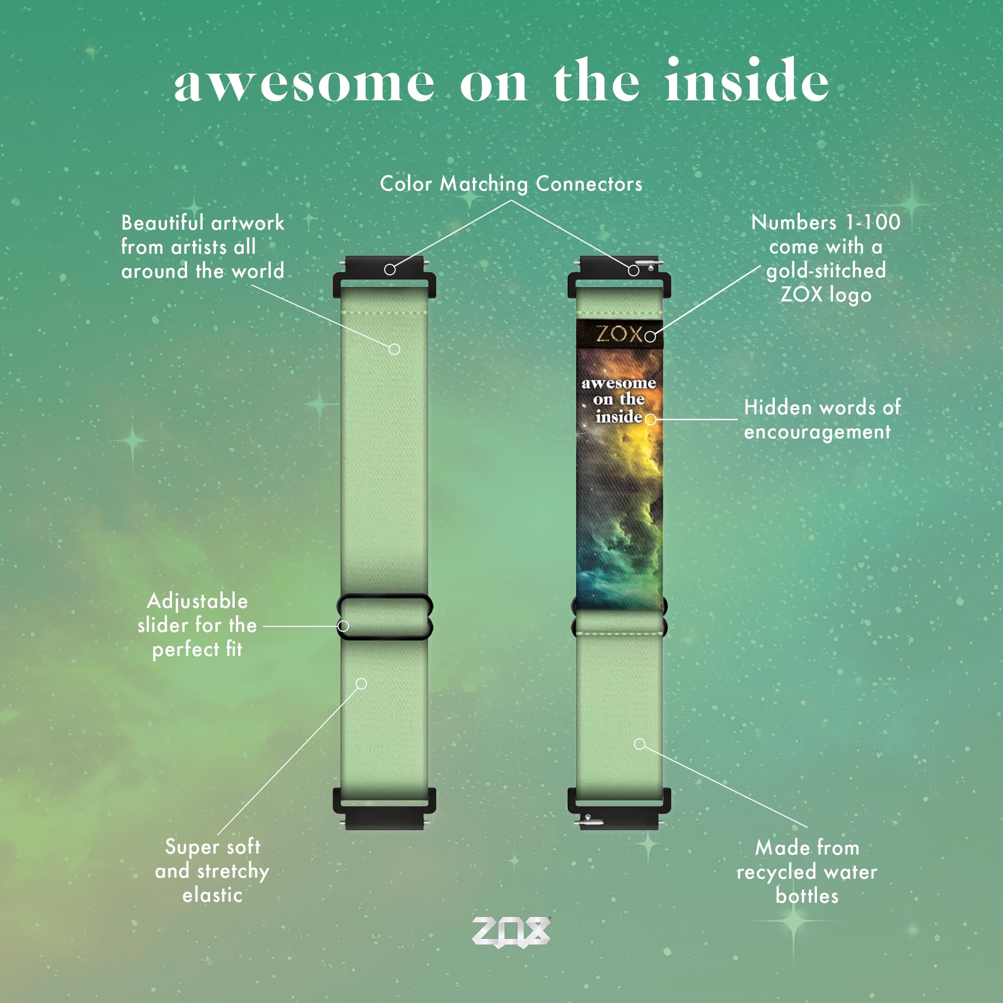 Zox Android Smart Watch Band - Perfect Green | Soft, Adjustable Elastic Band With Motivational Affirmations And Beautiful Artwor