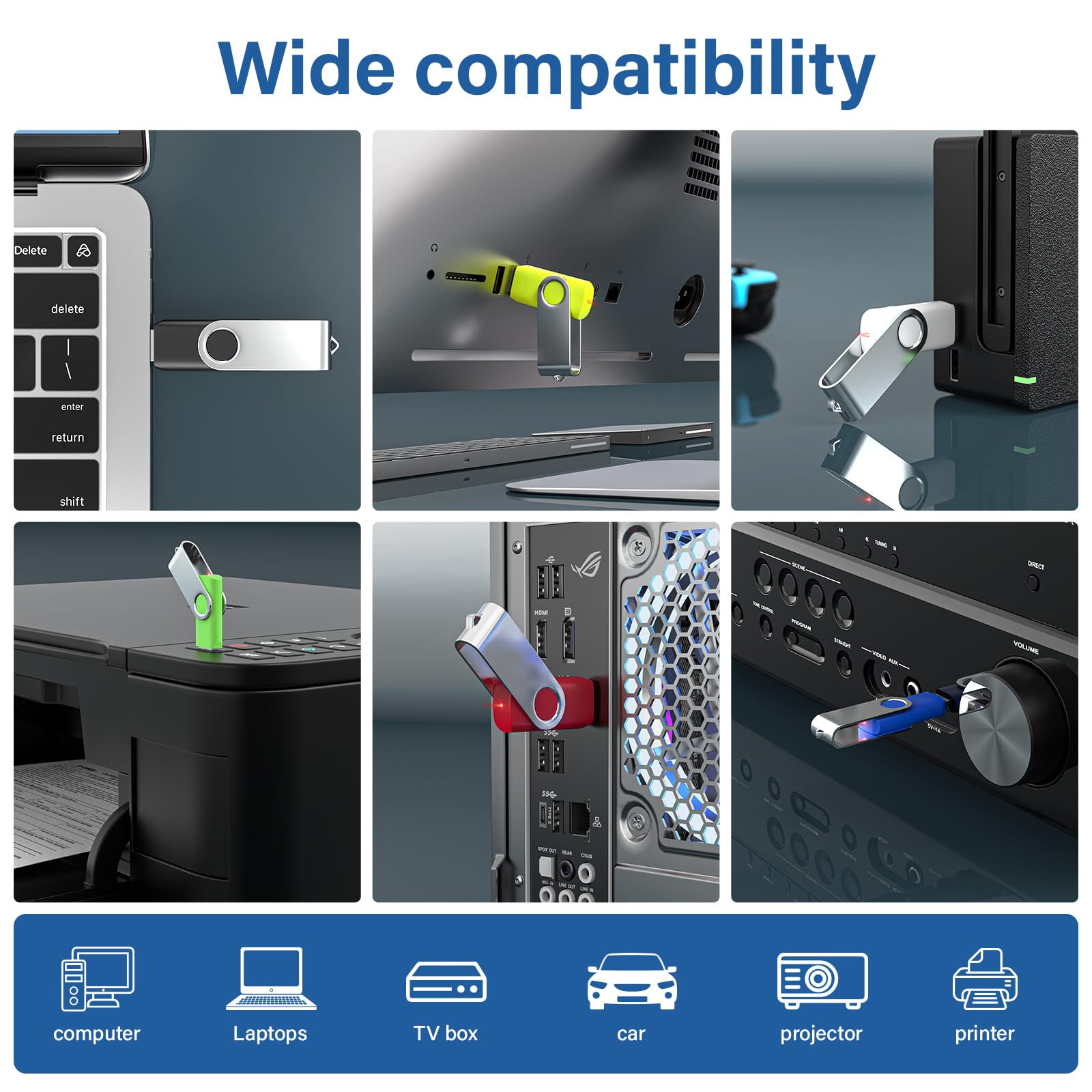 Flash Drives 128Mb 20 Pack With Keychains, Wooolken Swivel Usb 2.0 Thumb Drives Bulk Usb Drive Memory Stick Usb Stick Pack (Blac