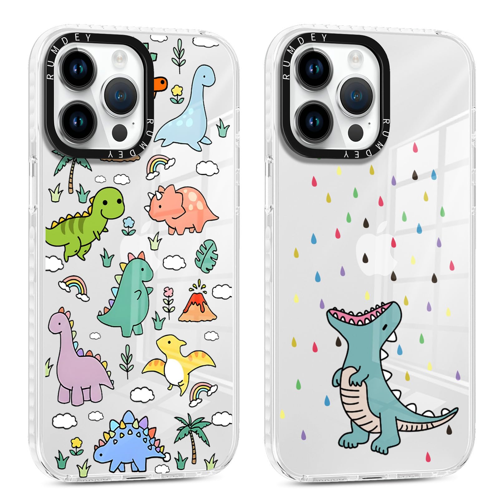 Rumdey 2 Pack Cartoon Animals Pattern For Iphone 15 Pro Max 6.7'' Phone Case, Cute Dinosaur Aesthetics Clear Cases Soft Silicone