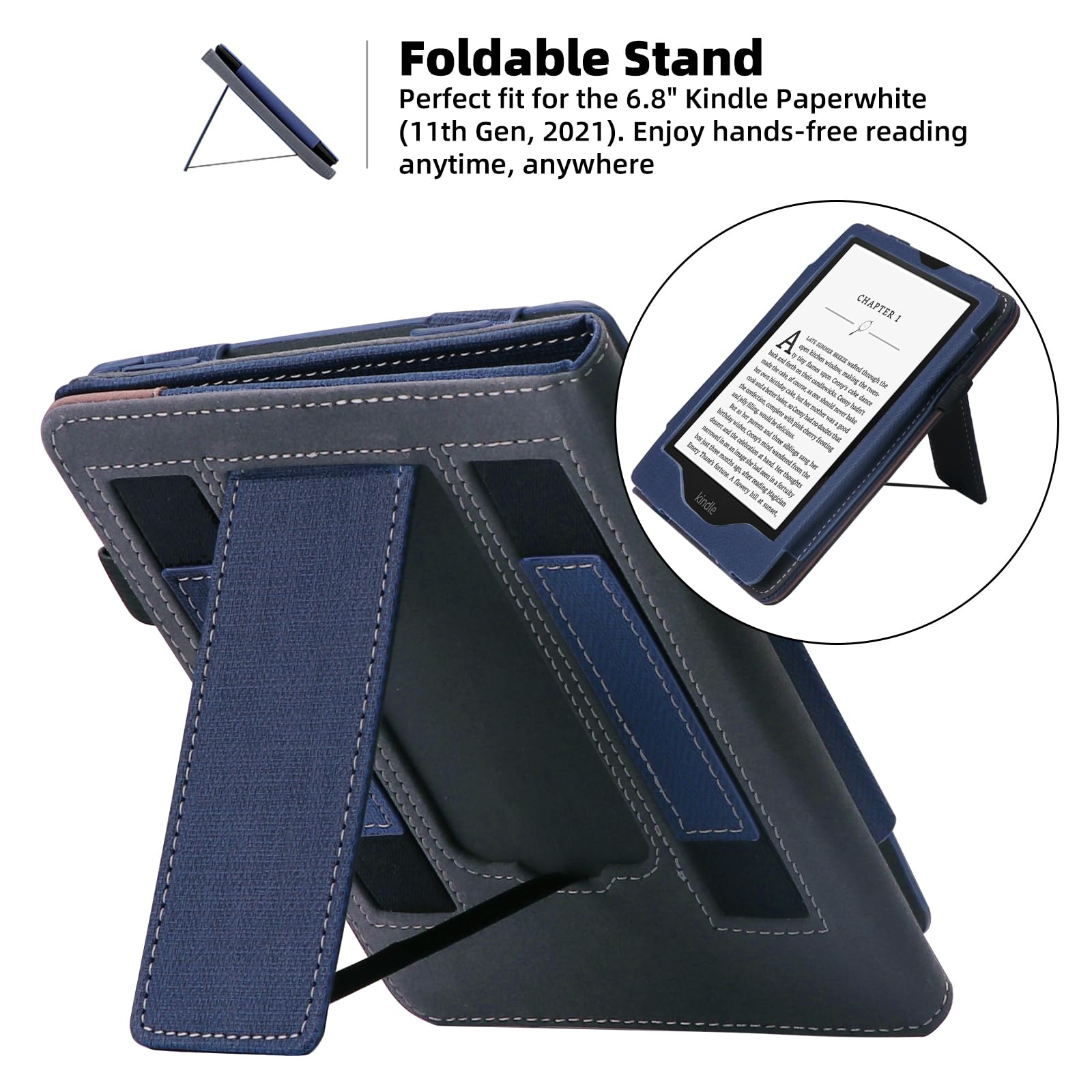 Walnew Stand Case For 6.8  Kindle Paperwhite (Model No. M2L3Ek / M2L4Ek), Two Hand Straps Premium Pu Leather Book Cover With Aut