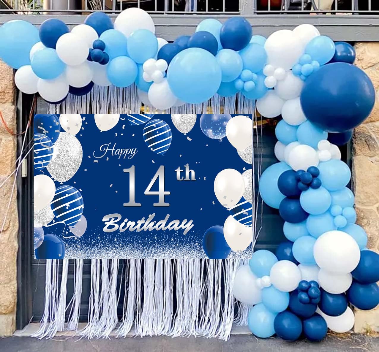 Jumdaqq 14Th Birthday Decorations For Boys, Happy 14Th Birthday Banner Photography Background Blue Silver, 14Th Birthday Backdro