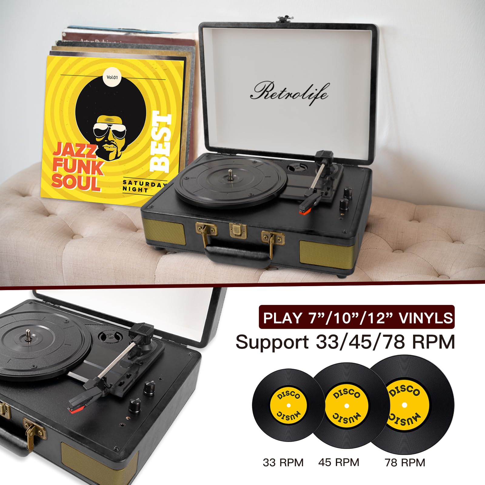 Retrolife Record Player 3 Speed Bluetooth Portable Suitcase Vinyl Player With Built In Speakers Turntable Enhanced Audio Sound P