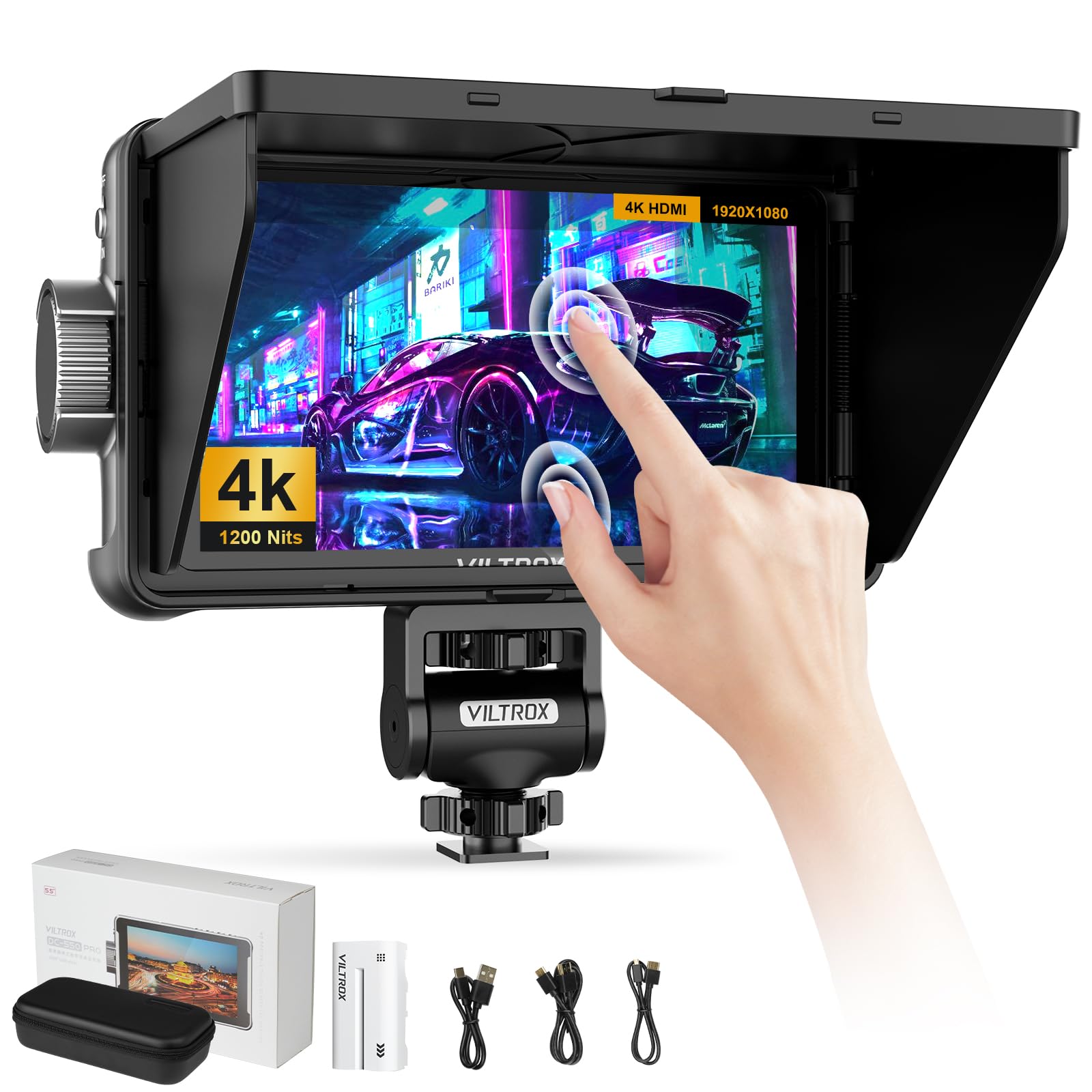 Viltrox Dc550 5.5'' Full Hd Hdmi On Camera Monitor Kit, 1200Nit Touch Screen Camera Field Monitor With Hood, Battery, Storage Ba