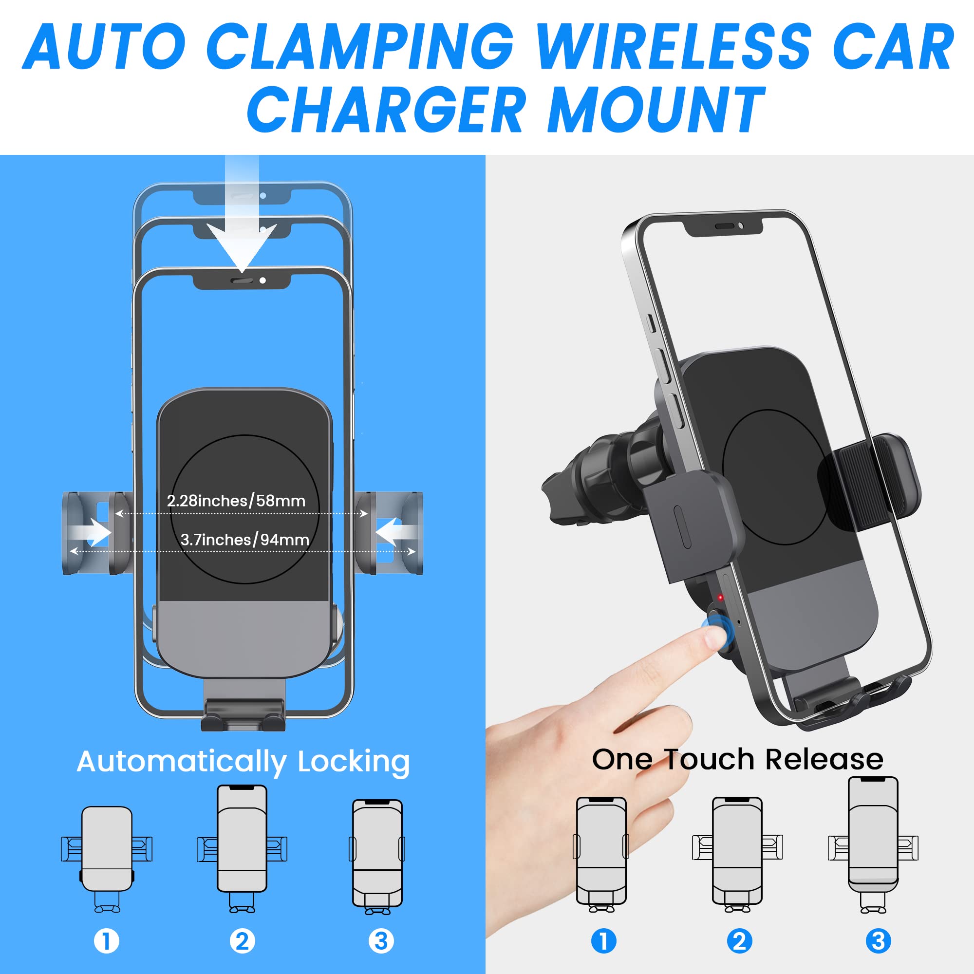 Wireless Car Charger, Fast Charging 15W Auto Clamping Car Charger Phone Holder Phone Mount For Iphone16 15 14 13 12 11 Pro Max X