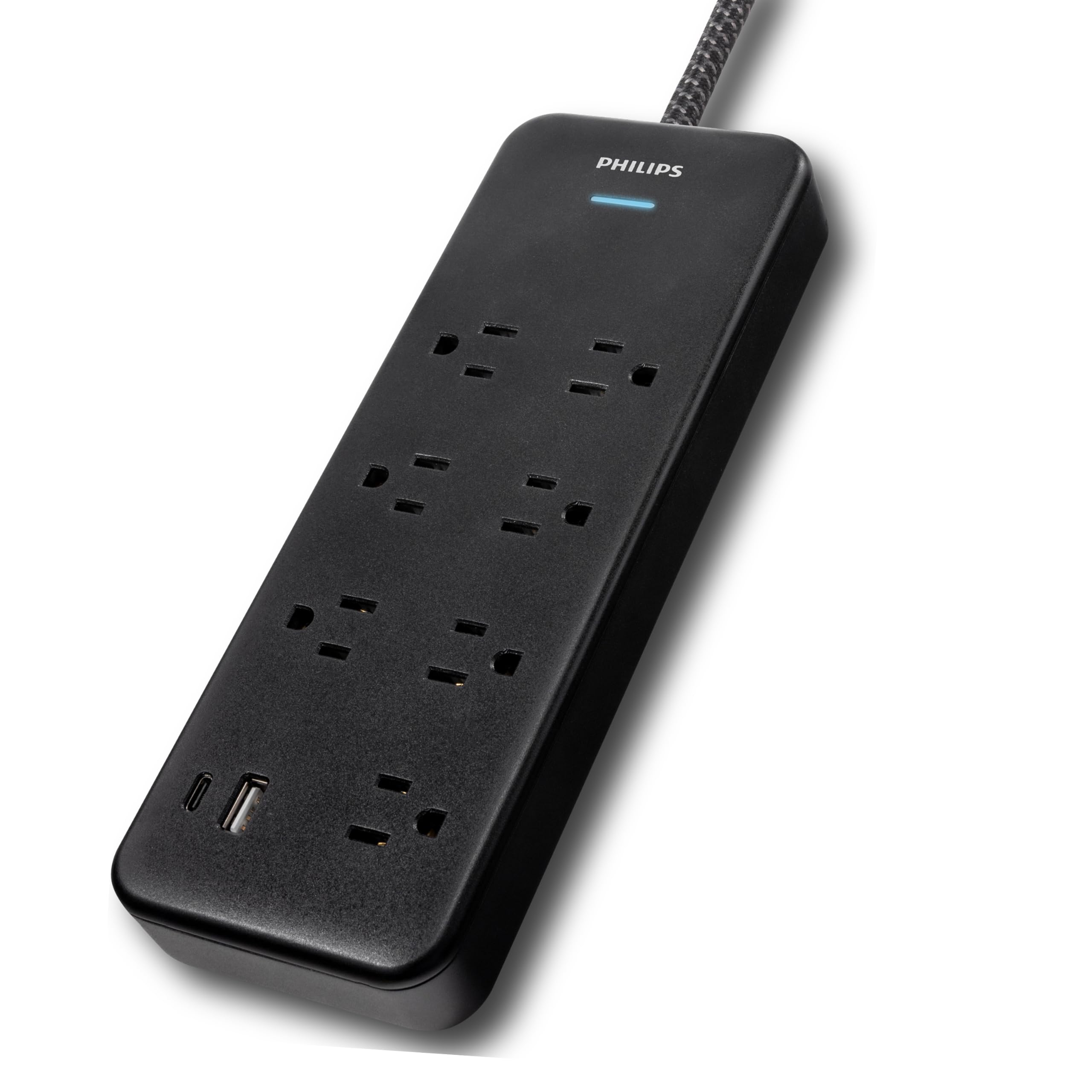 Philips 7 Outlet Surge Protector, 6 Ft Braided Extension Cord, Adapter Spaced, 1 Usb A, 1 Usb C, 15W, 1500J, Black, Spp3703B/37