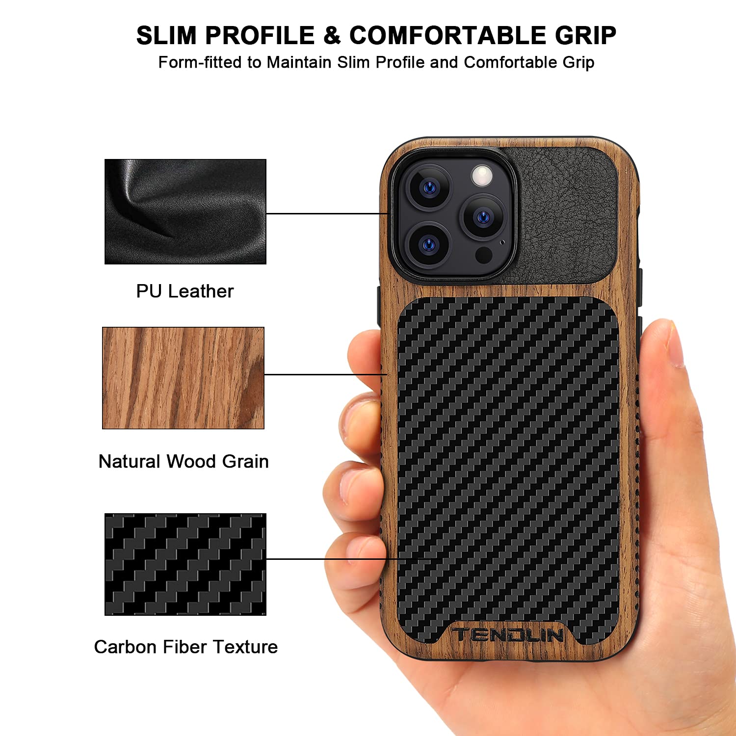 Tendlin Compatible With Iphone 13 Pro Case Wood Grain With Carbon Fiber Texture Design Leather Hybrid Case Compatible For Iphone